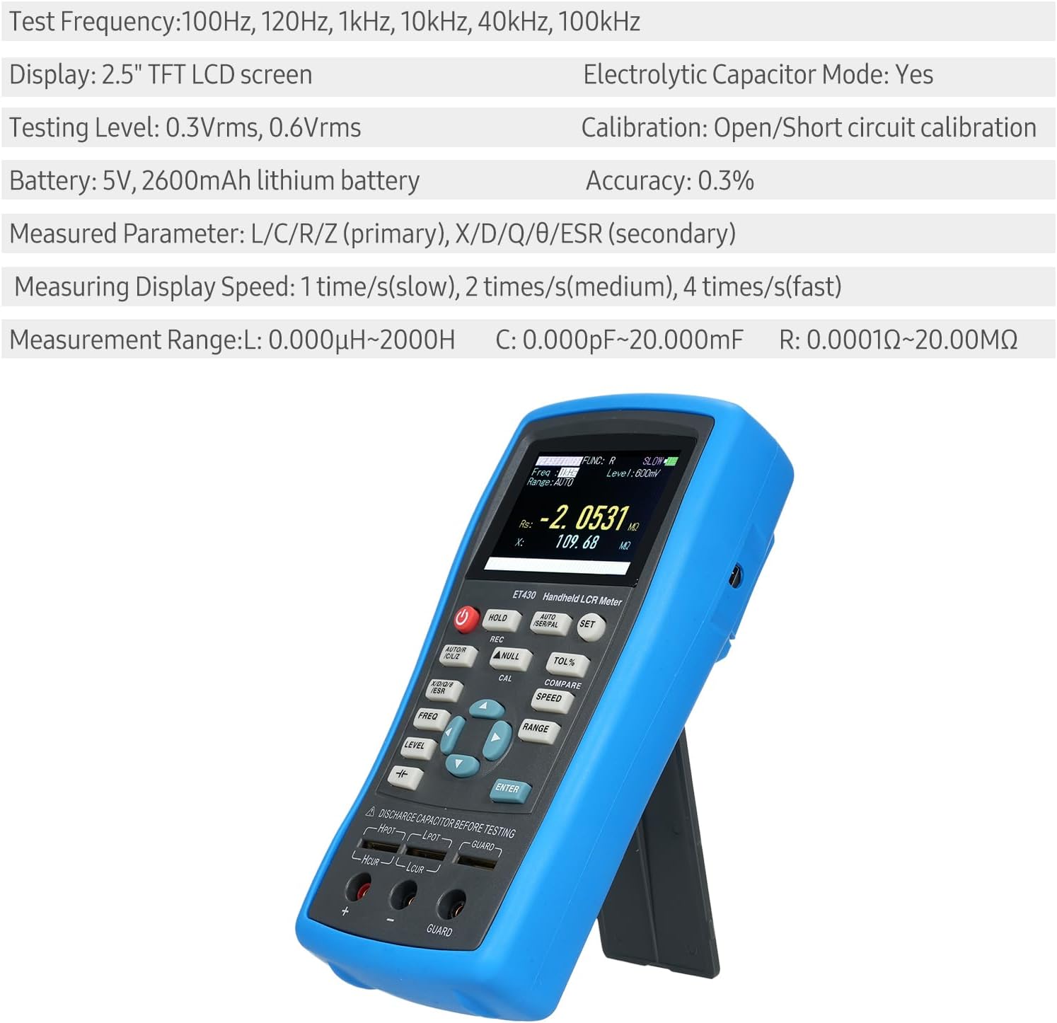 Irfora 2.5-inch LCD Digital Handheld 100kHz LCR Meter LCR Multimeter Tester for Inductance acitance Resistance Measuring 0.6 Vrms