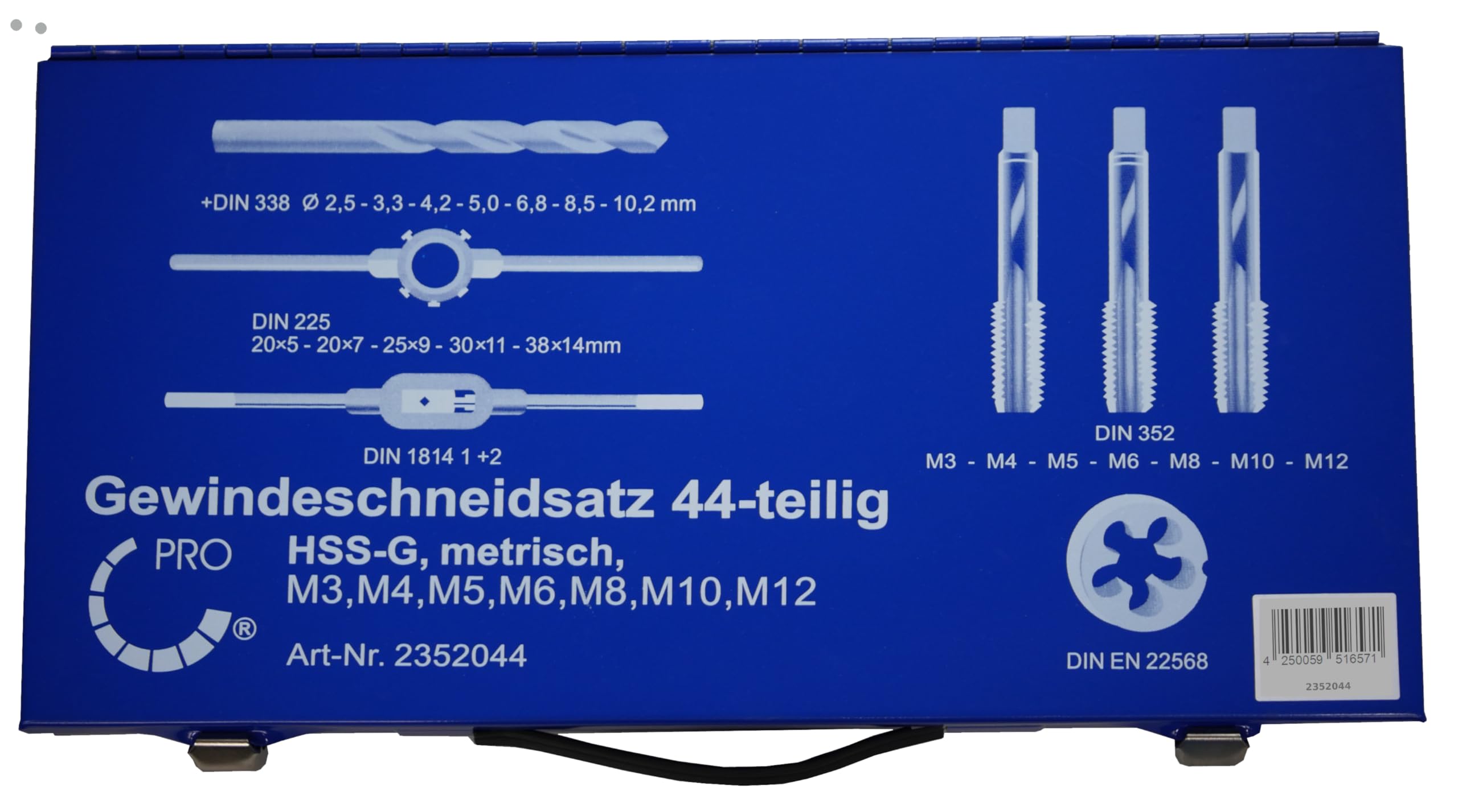 Set di 44 pezzi | Maschio filettato HSS M3 – M12 | Verricello | Supporto per filiera | Filettatura interna ed esterna | Art. n. 2352044