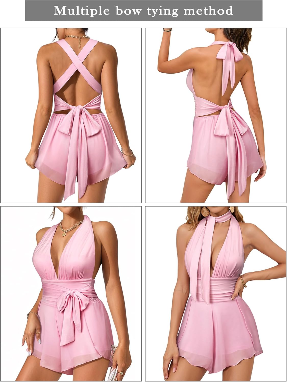 Nlife Womens Deep V Neck Halter Jumpsuit Tie Backless 2 in 1 Flowy Chiffon Shorts Romper Sexy Plunge Concert Mini Outfit - Image 3