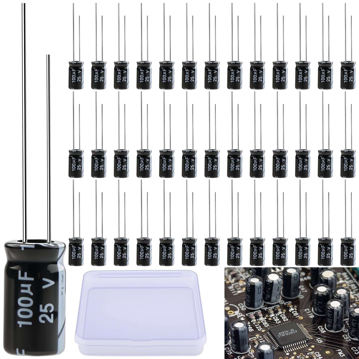 Pack of 40 Capacitors 100 f 25V Electrolytic Capacitors Aluminium Electrolytic Capacitors Elkos Capacitor 105 C Capacitors 100 f with Storage Box 6 x 12 mm