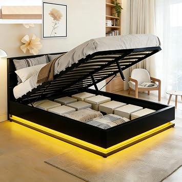 Gas Lift Ottoman Storage Bed,4FT6 Double Bed Frame with Storage, Ottoman Bed with LED Lights, Faux Leather, Black