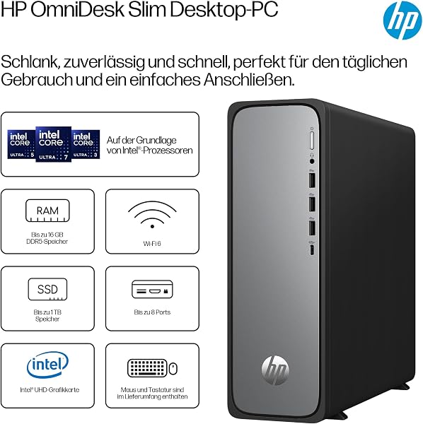 HP OmniDesk Slim Desktop S03-0230ng, Intel 300 Prozessor, 8 GB DDR5 RAM, 512 GB PCIe Gen4 SSD, Intel UHD Graphics 710, Windows 11 Home, Wi-Fi 6, USB Type-C, Meteor Silver/Jack Black - 5