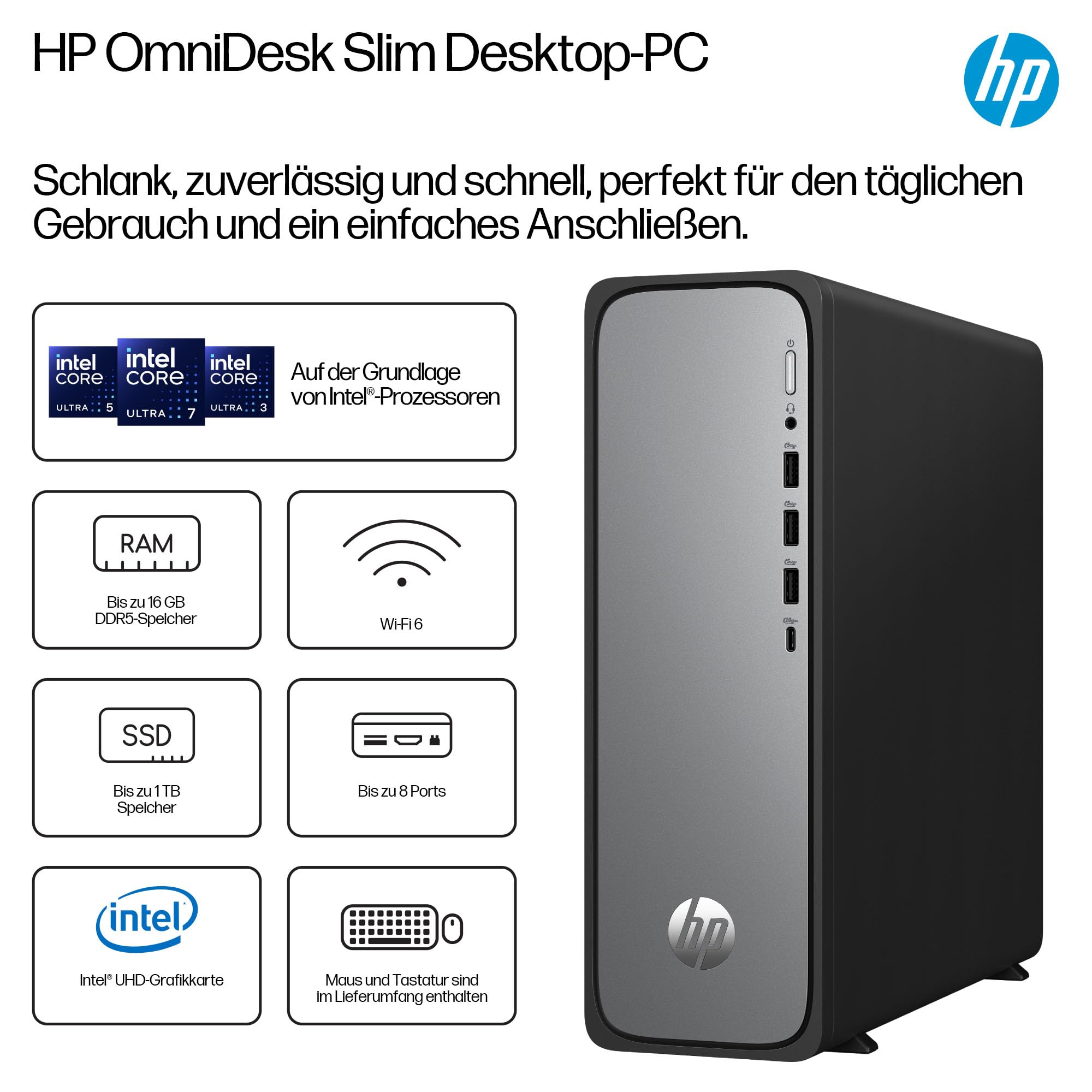 HP OmniDesk Slim Desktop S03-0230ng, Intel 300 Prozessor, 8 GB DDR5 RAM, 512 GB PCIe Gen4 SSD, Intel UHD Graphics 710, Windows 11 Home, Wi-Fi 6, USB Type-C, Meteor Silver/Jack Black