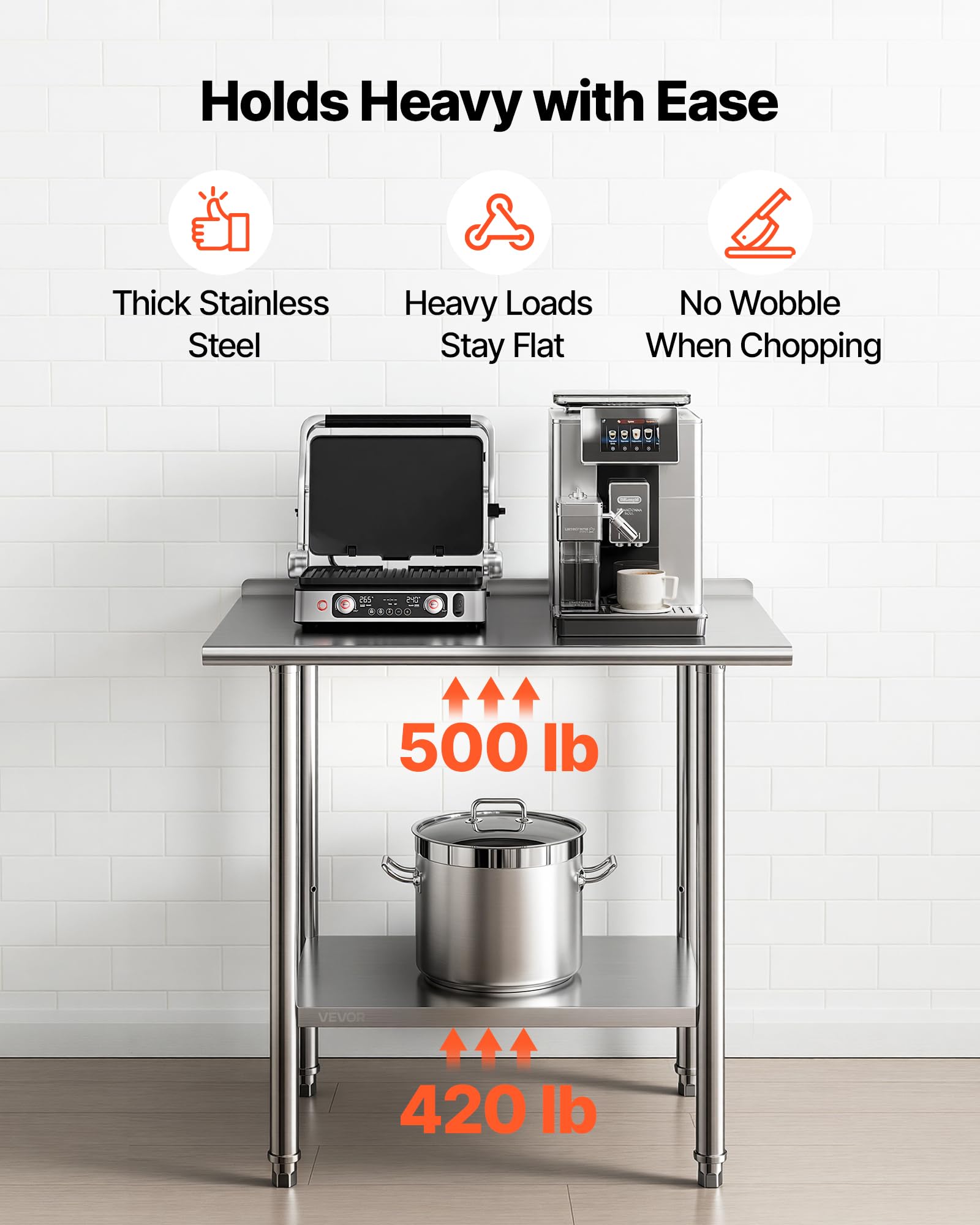 VEVOR Tavolo da Lavoro per Ristorazione in Acciaio Inox Senza Ruote, Tavolo per Preparazione da Cucina 915 x 610 x 894 mm Alzatina, Banco Cucina Ripiano Sotto Portaoggetti 227 kg, Ristorante, Hotel