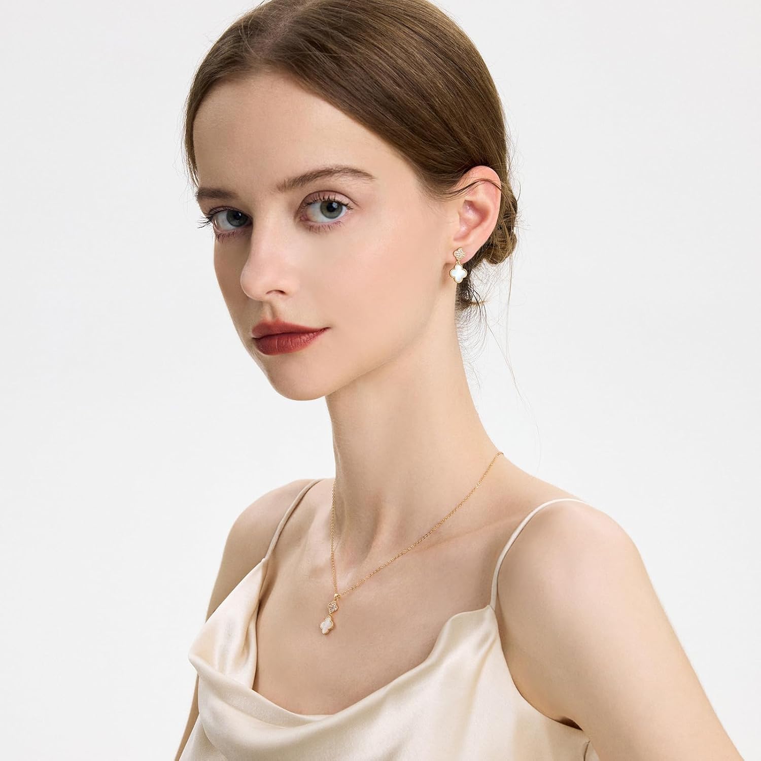 COBI Four Leaf Clover Necklace and Stud Earrings Jewelry Set White Black Green, 18k Gold Plated Clover Earrings Pendant Necklace, Clover Jewelry Set Gifts for Women - Image 4