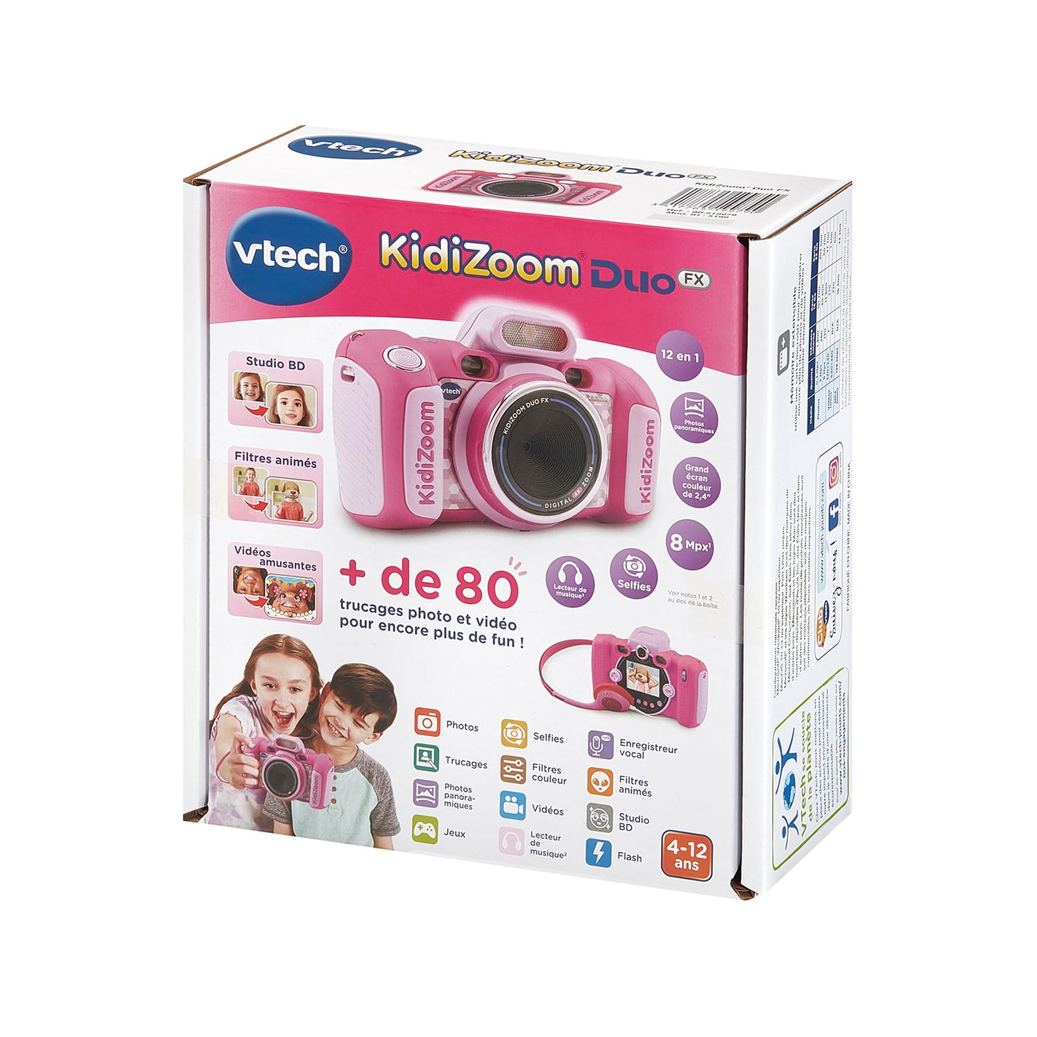 VTech - KidiZoom Duo FX Rose, Appareil Photo Numérique Enfant, Photo, Selfie, Vidéo, Écran Couleur, Studio BD, Filtres et Effets Rigolos, Cadeau Enfant de 4 Ans à 12 Ans - Contenu en Français