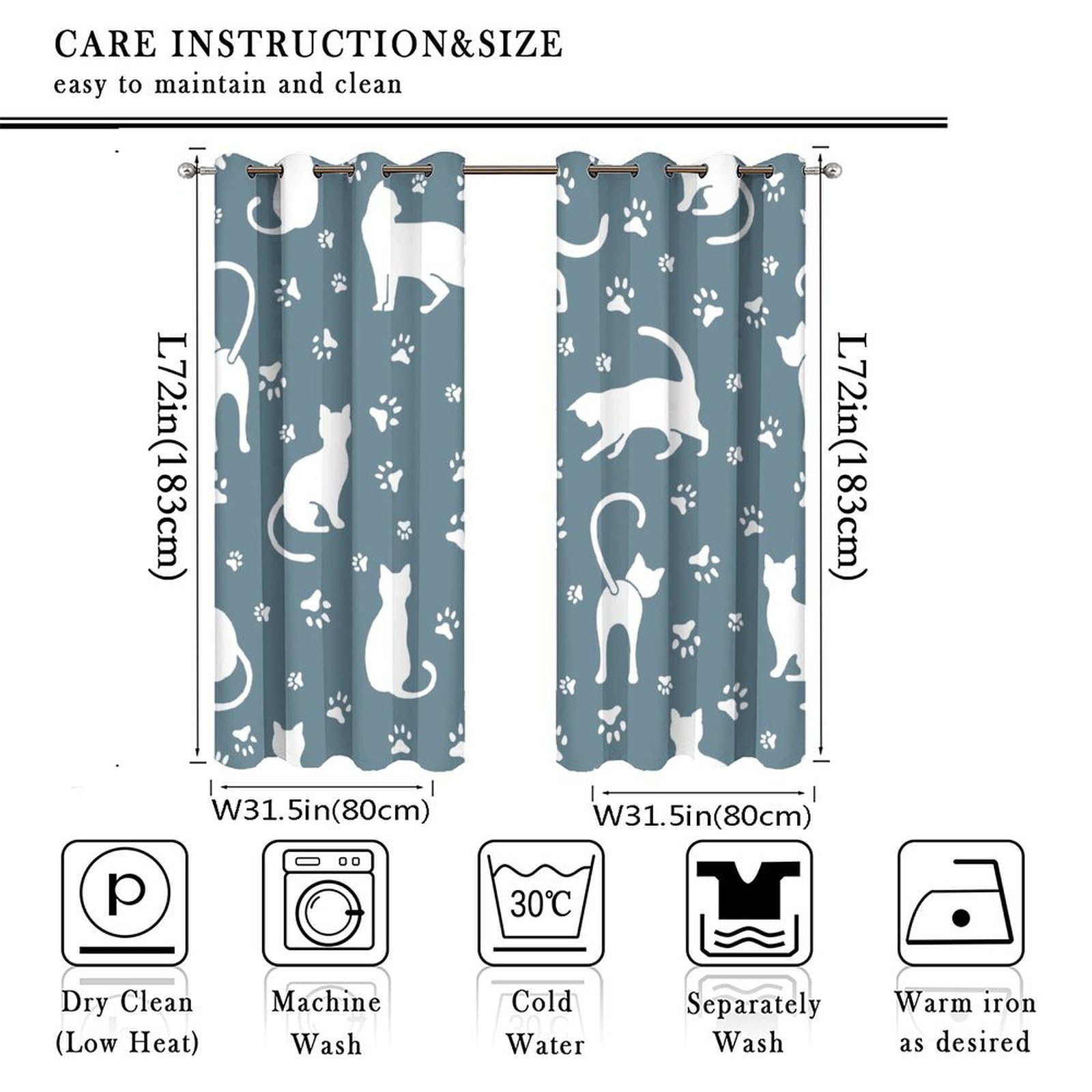 Abstract Cartoon Cat Silhouette Curtains - Funny Minimalist Cute Animals Cat Paws Thermal Insulated Blackout Curtains - Grommet Top Window Treatment Drapes for Bedroom 72L x 31.5W,2 Panels