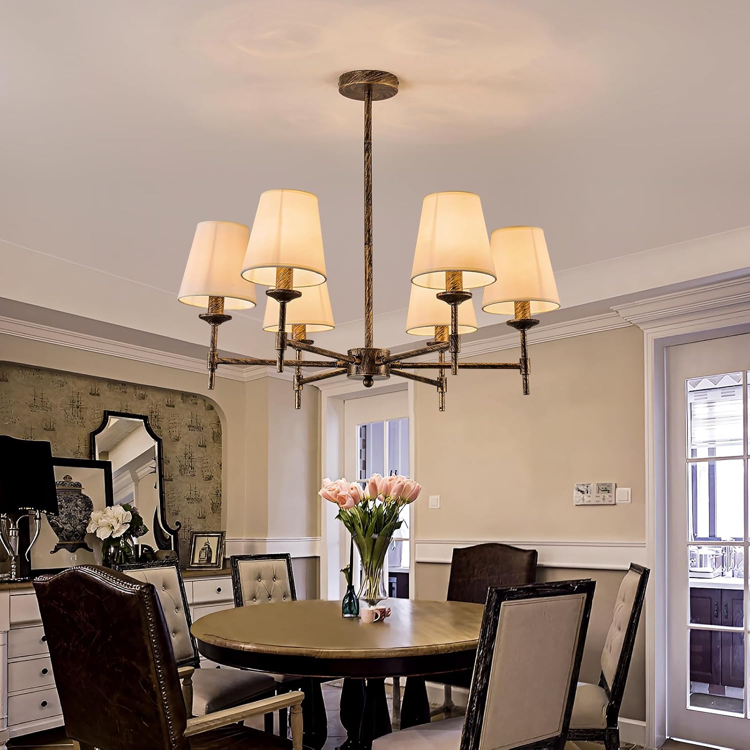 Fabric Chandelier with Shades 6 Light Ceiling Light Fixture with Linen Bronze Farmhouse Pendant Lights for Bedroom Kitchen Dining Room Living Room Foyer