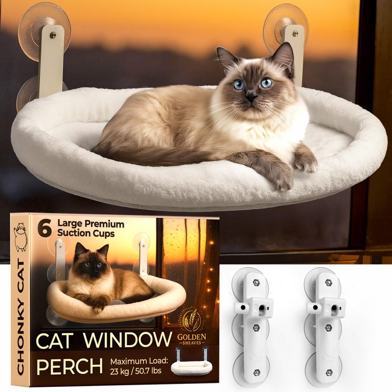 Golden Sheaves Cat Window Perch – Strong 6 Suction Cup Foldable Cat Hammock Bed for Large Cats and Kittens that Holds up to 50 lbs with Washable Reversible Cover, Sturdy Metal Frame for Window (White) - image 2