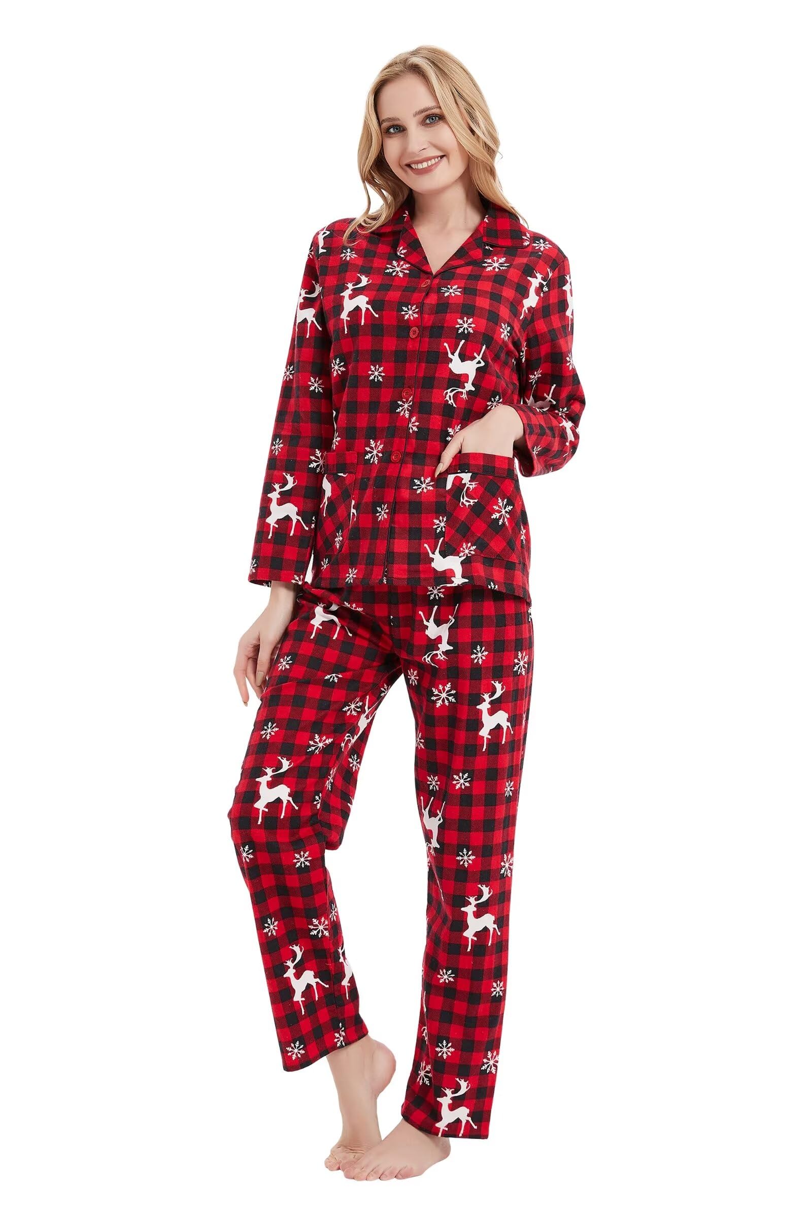 GLOBAL Schlafanzüge Damen Flanell | Baumwolle Damen Pajama Set | Zweiteiliger Nachtwäsche Damen Pjs Set Lang | Knopfleiste vorne und Kordelzug