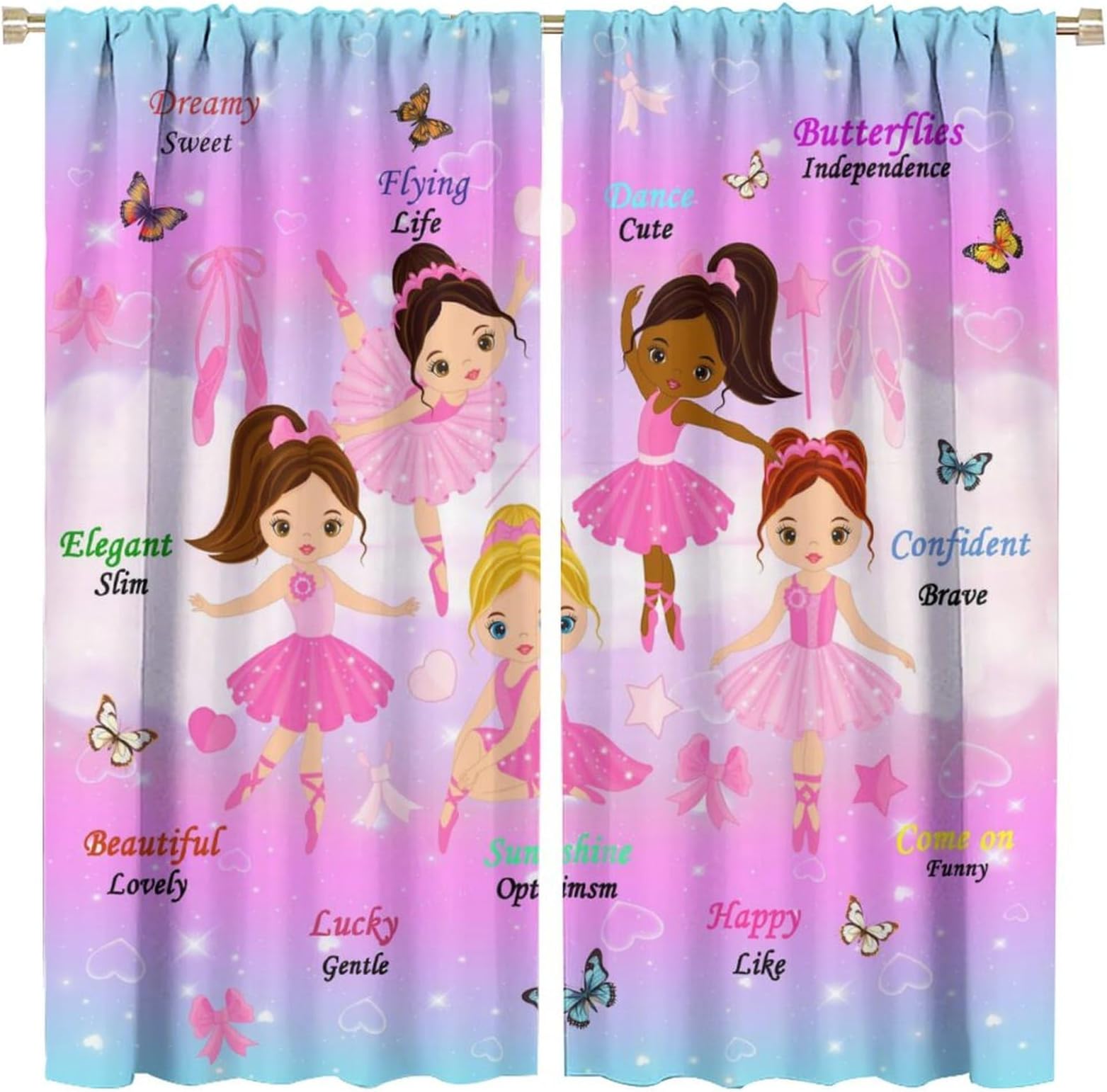 African American Kids Decor Curtain for Bedroom,Cartoon Pink Princess Ballet Dance Girl Butterfly Love Bow Magic Window Drapes Print for Girls Children Toddler Room Nursery Bedroom 42x45in