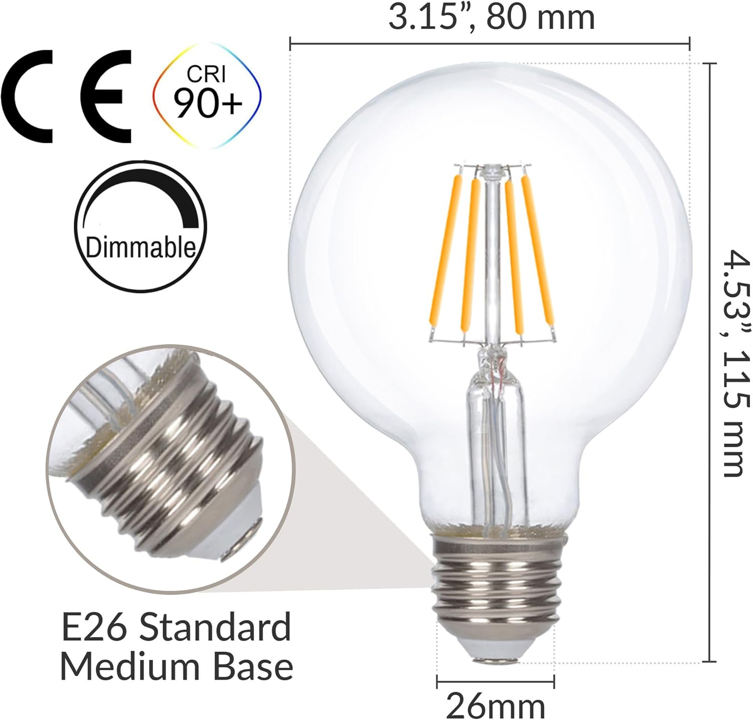Simba Lighting LED Edison Vintage Vanity Globe Filament G25 (G80) 6W Dimmable 60W Equivalent (3 Pack) 120V Light Bulb for Bathroom Makeup Mirror, Medium E26 Base, CE, RoHS Compliant, Warm White 2700K