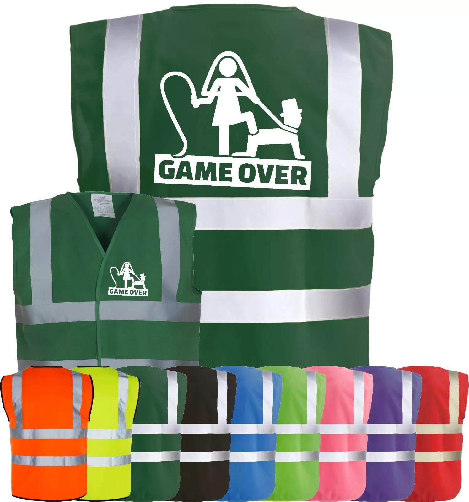 Corporate Togs GAME OVER Funny Hi Vis Vest, Stag Do Party Wedding Groom Printed Vest, Reflective Trim, Fully EN471 Health & Safety Compliant Gear, Small-XXXL | Safety Vests