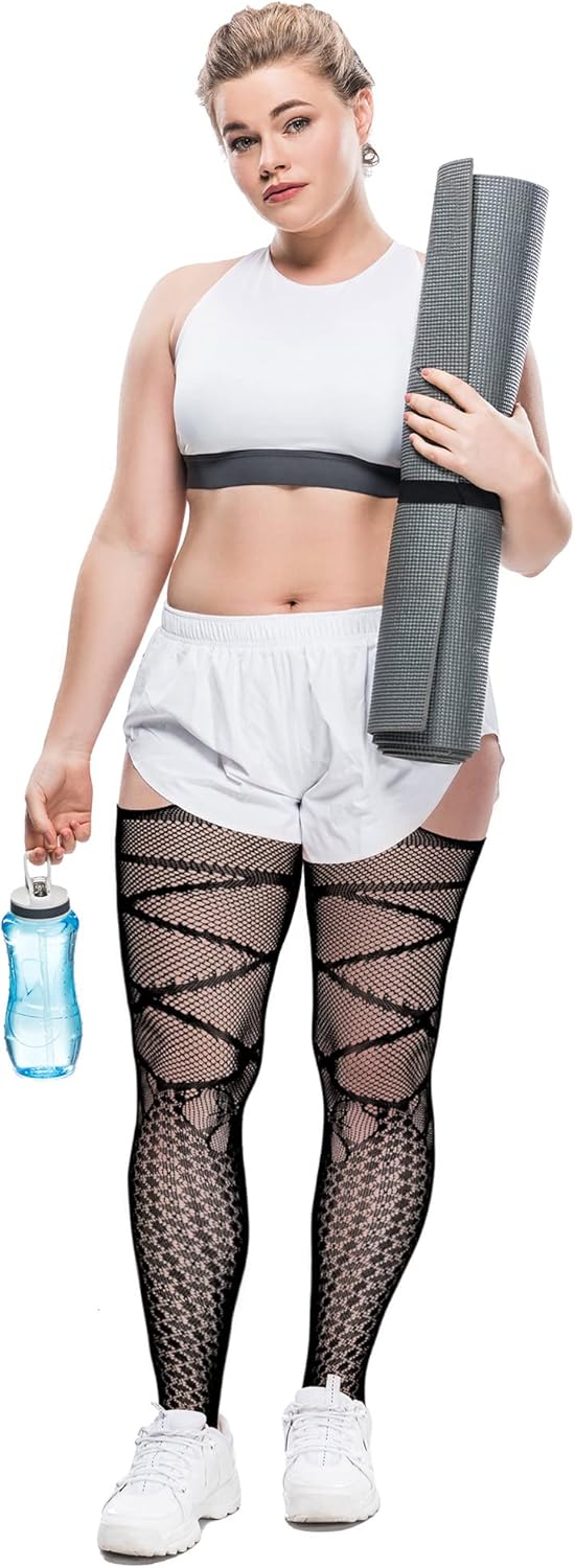 6 Pairs Plus Size Fishnet Stockings Plus Thigh Highs Stockings Pantyhose Garter Belts Sets for Women - Image 6