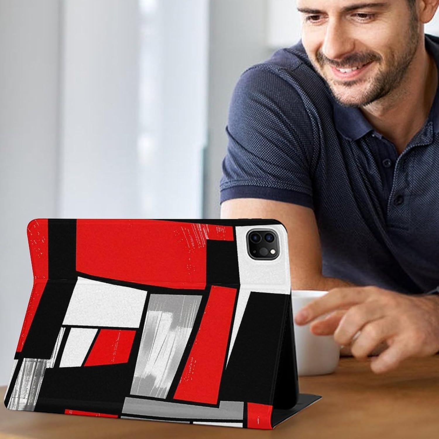 Red, Grey, Black and White Rectangles Modern Style Printed Case Trifold Stand Protective Cover Compatible with IPAD Pro 20/21/22(11in)