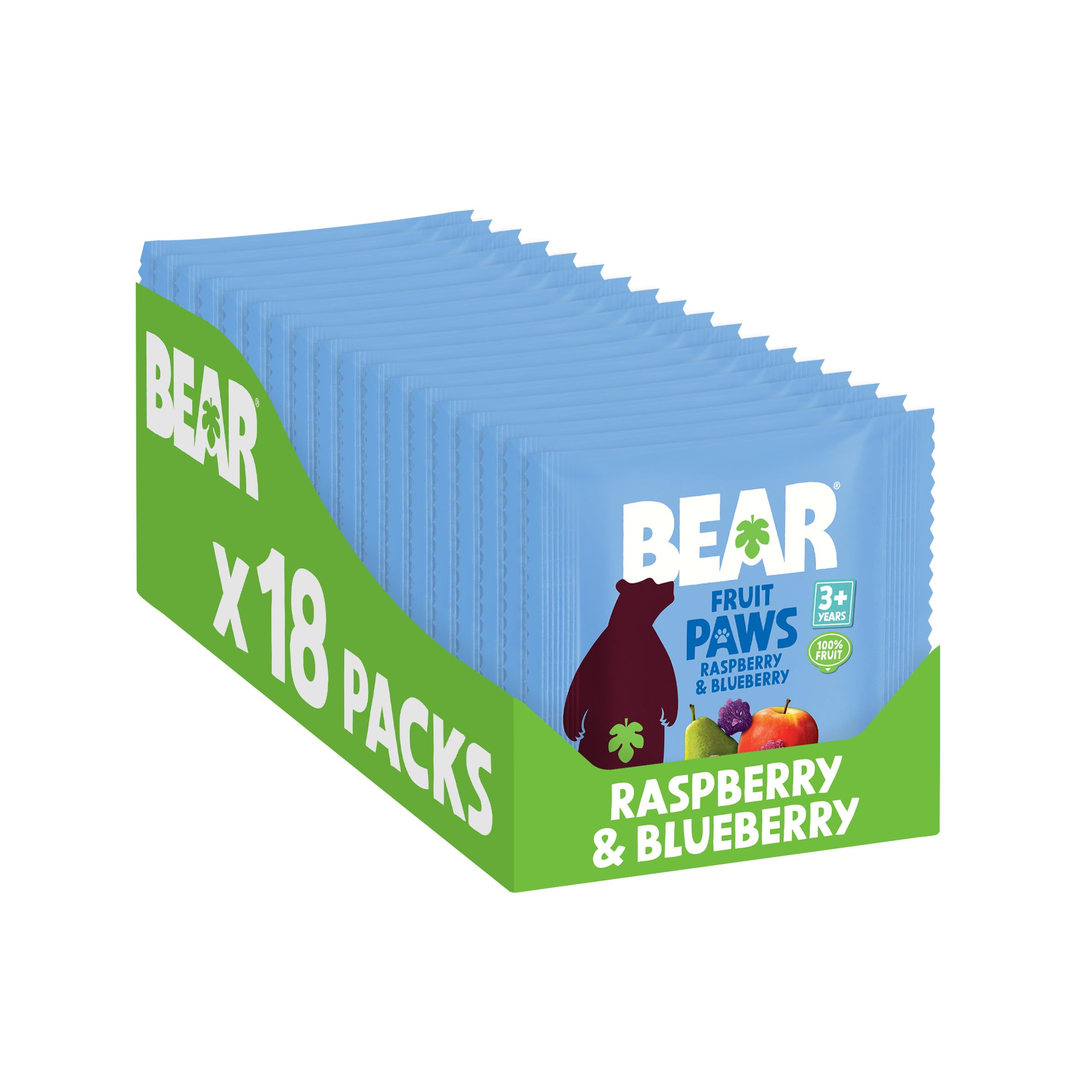 BEAR Fruit Paws Raspberry & Blueberry (Pack of 18) – 100% Fruit, No Added Sugar, Ideal lunchbox snack for kids or On‑the‑Go