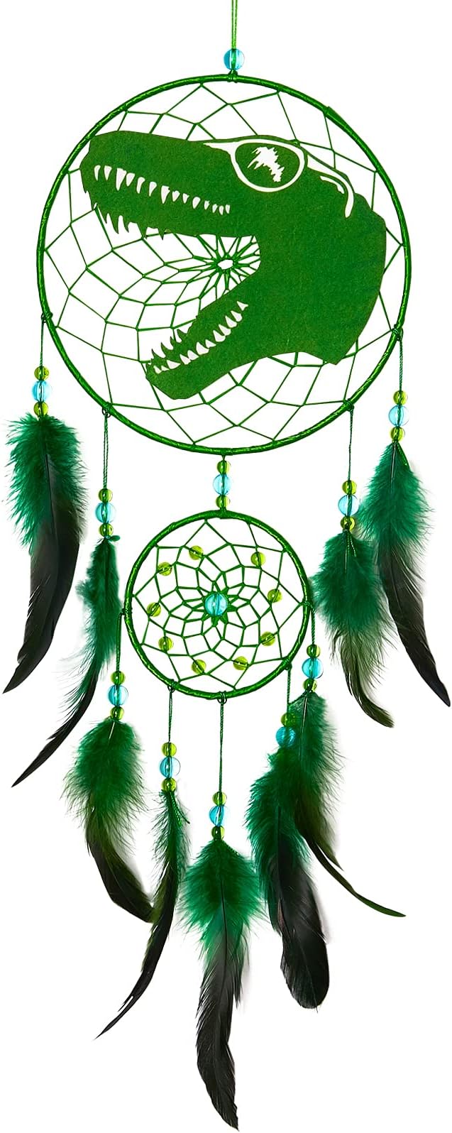 BasumeeDream Catcher for Kids Feather Dream Catchers Handmade Home Decor Wall Hanging with Double Ring for Nursery Bedroom Boys Room, Green Dinosaur