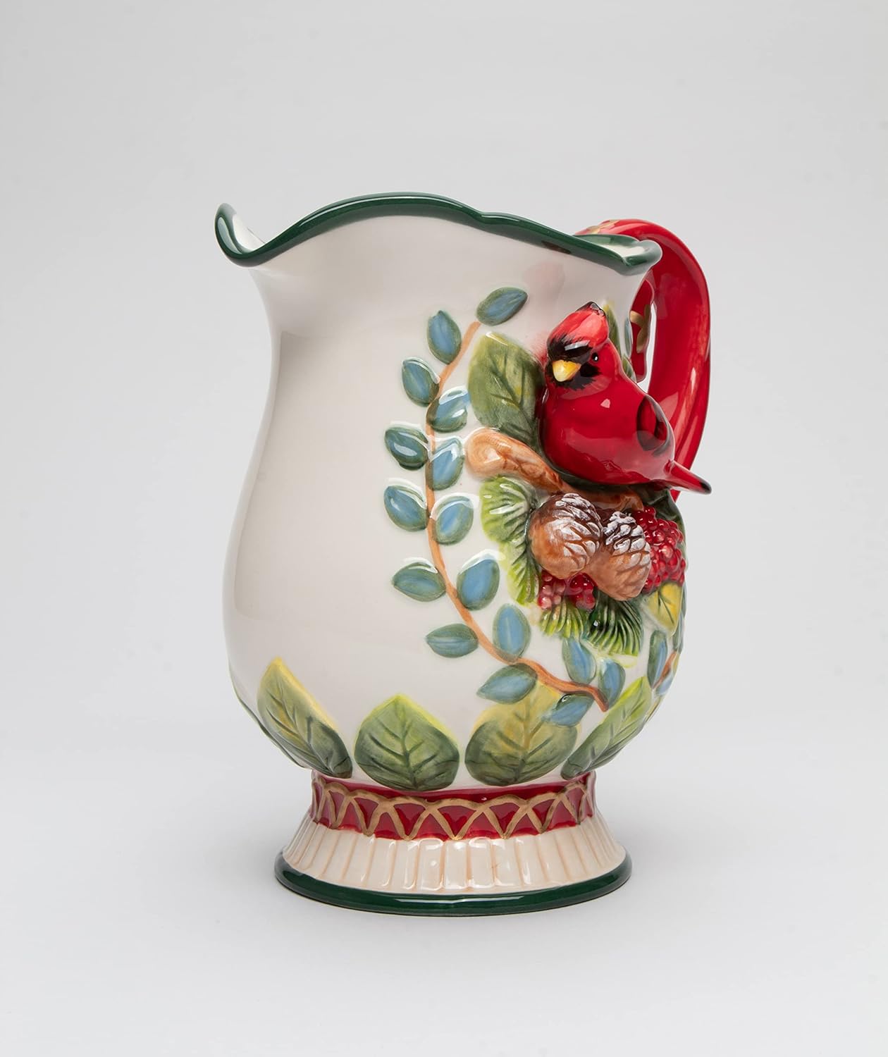 Fine Ceramic Christmas Evergreen Cardinal Pinecone Decorative Pitcher, 7-7/8" H