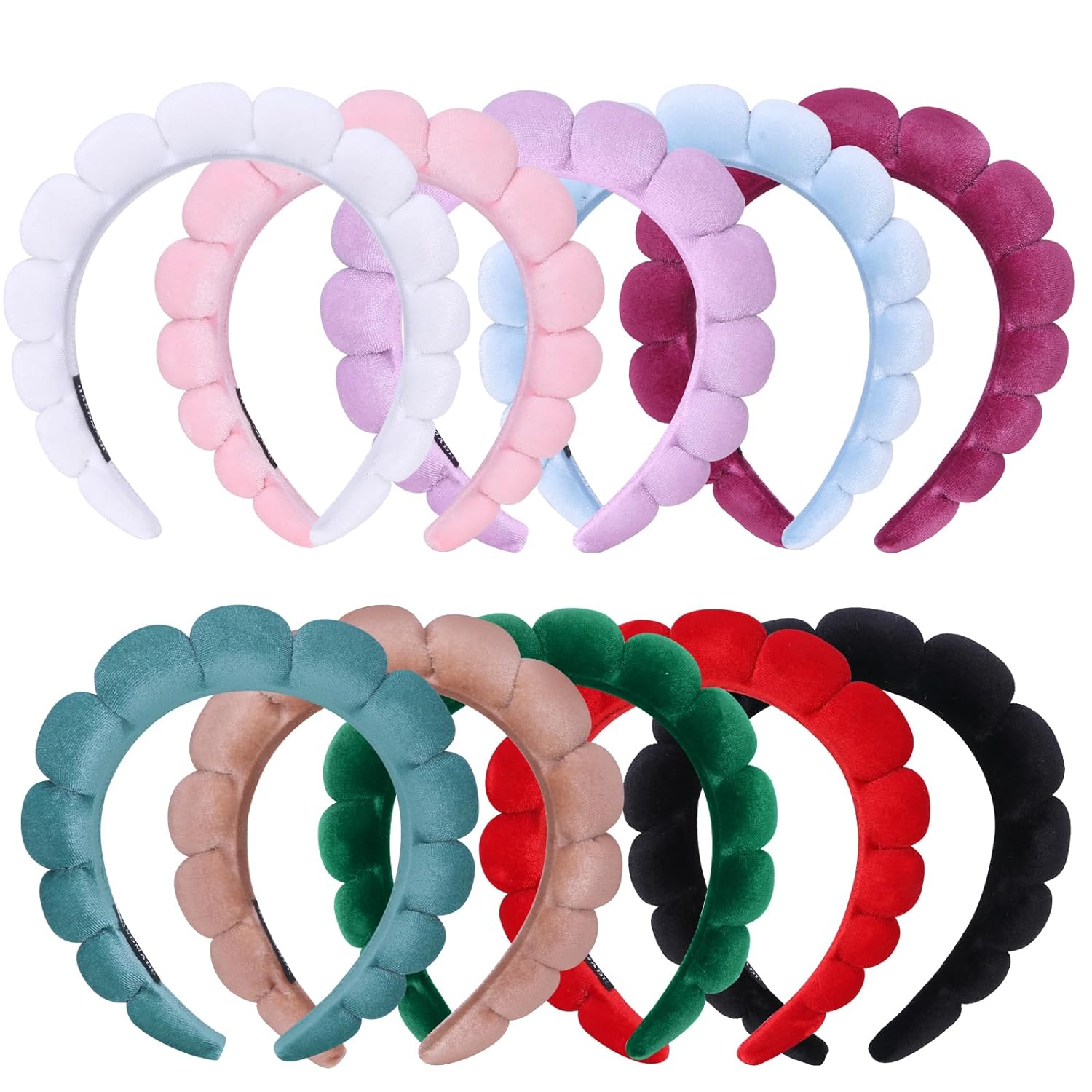 RAISEY 10 Pack Velvet Spa Headbands for Women - Soft Bubble Hair Bands for Makeup, Face Wash & Skincare