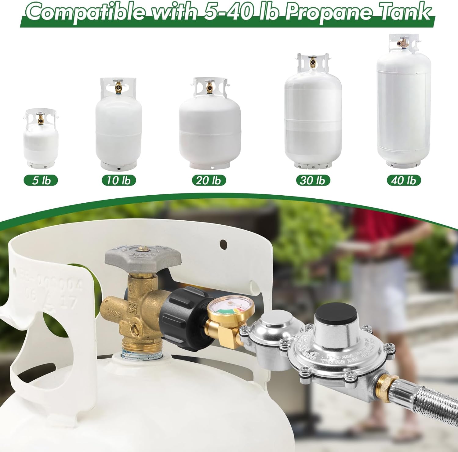 5FT 2 Stage Propane Regulator with Hose & Gauge, Stainless Steel Propane Regulator Hose for Grills, RV Appliance, Generator, Gas Stove and More, QCC1/Type1 Tank Connection, 3/8" Female Flare Nut