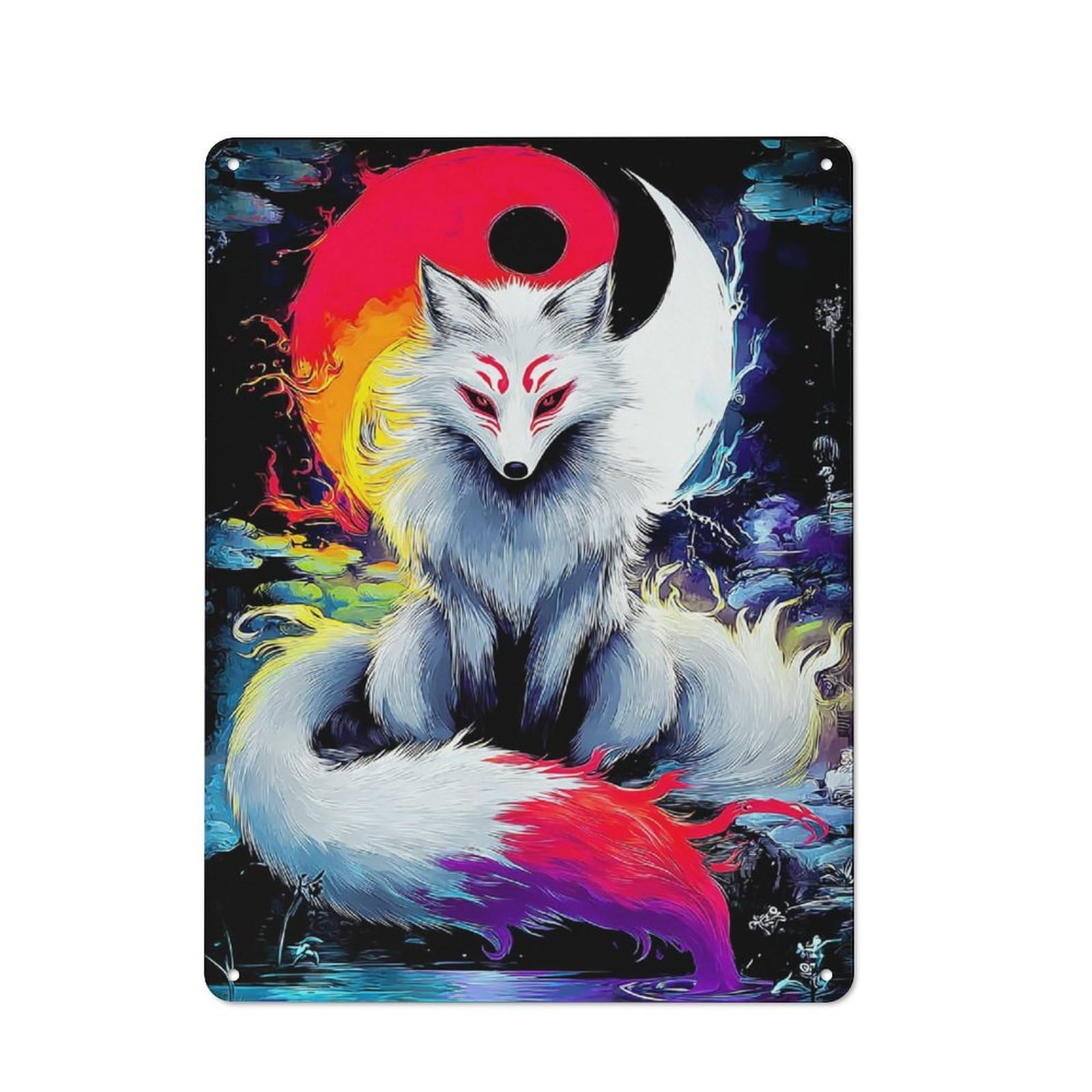 Yin-Yang Fox with Fiery Tail Rustic Metal Wall Decor 40x30cm, Decorative Tin Sign for Farmhouse Kitchen, Pantry Or Dining Area