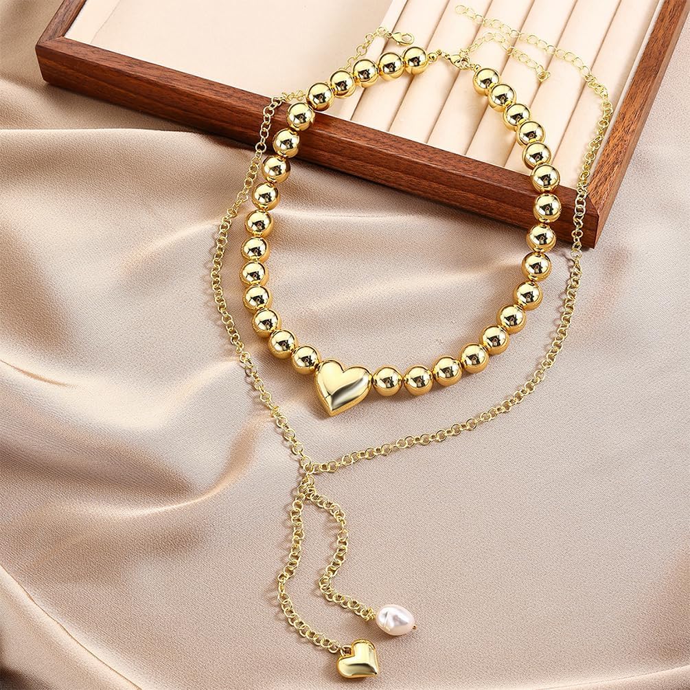 Layered Chunky Gold Heart Pearl Pendant Choker Necklace, Puffy Sweet Love Pearls Tassel Y Necklaces for Women Unique Fashion Statement Party Jewelry Gift - Image 4