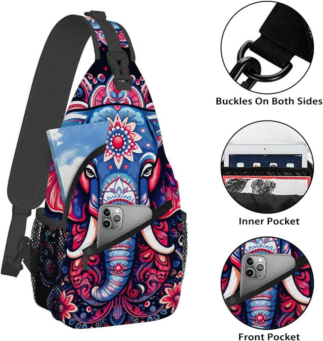 Small Animal Elephant Ethnic Sling Bag for Women Men Lightweight Chest Bag Crossbody Daypack Anti Theft Shoulder Backpack with Adjustable Shoulder Strap for Outdoors Sports Hiking Travel
