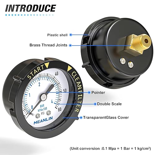 Vista 12 de MEANLIN MEASURE Marco de plástico de 0 ~ 60 psi, medidor de presión de arranque NPT y filtro limpio, adecuado para piscina, spa, acuario, montaje
