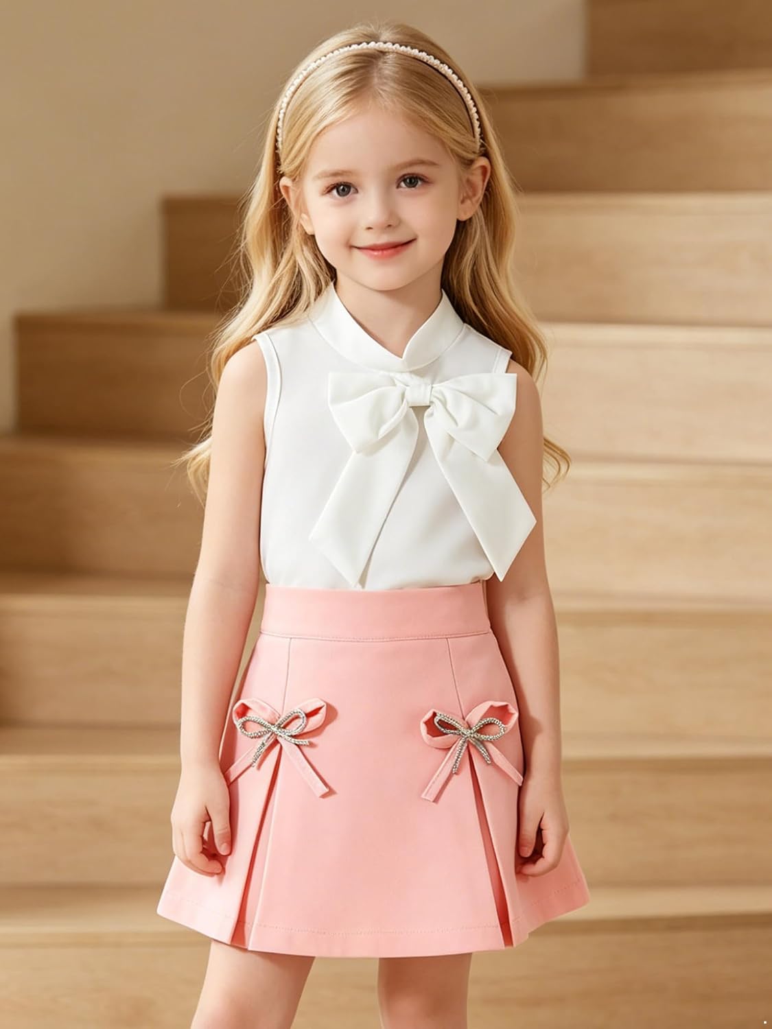 ranrann Girls' Skirt Sets Summer Sleeveless T-Shirt and Bow Pleated Skirts Cute 2 Piece Outfit