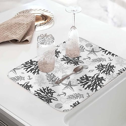 Miniatura 5 de Tapete de secado de platos costero negro y gris para encimera de cocina, tapete de secado de platos de coral de playa, tapete de cocina de secado de