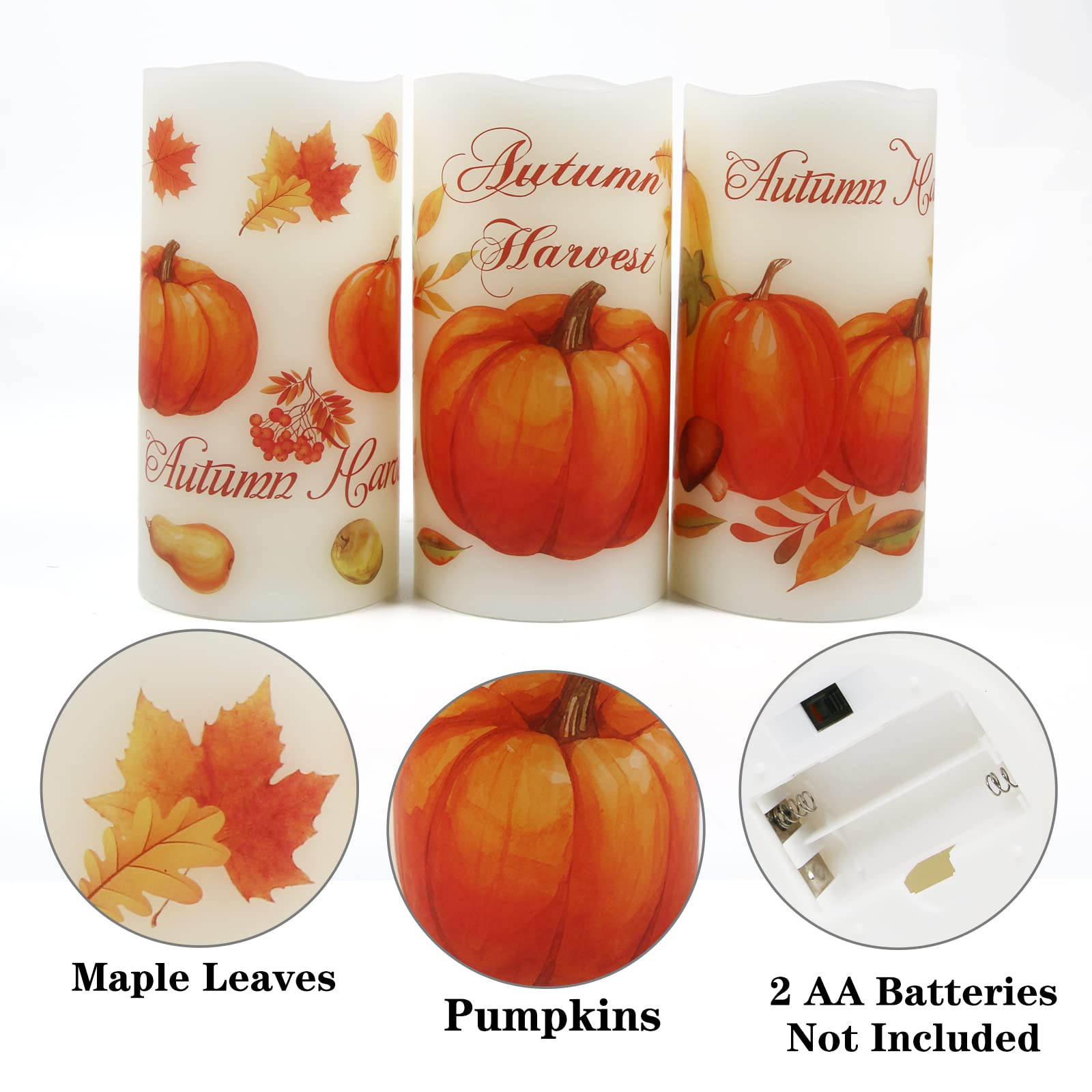 Lordearon Fall Pumpkin Flameless Candles Real Wax LED Candles Thanksgiving Decor Battery Operated Thanksgiving Pillar Candles with Timer, Set of 3,Warm Light