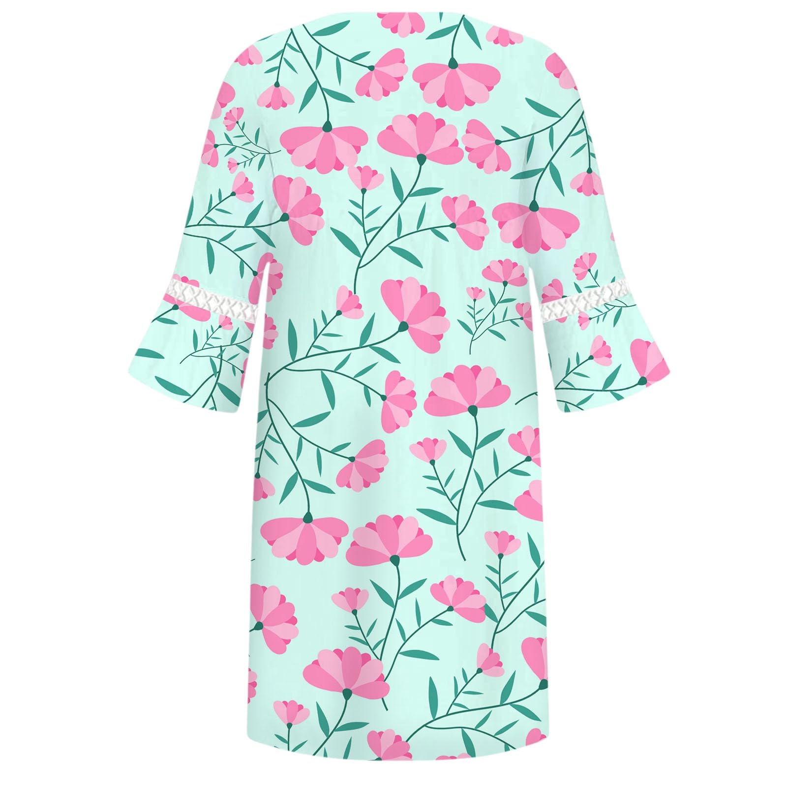 Vestido de verano para mujer, estilo étnico, ribete de encaje, cuello en V, estampado floral, tres mangas, estilo bohemio, mini