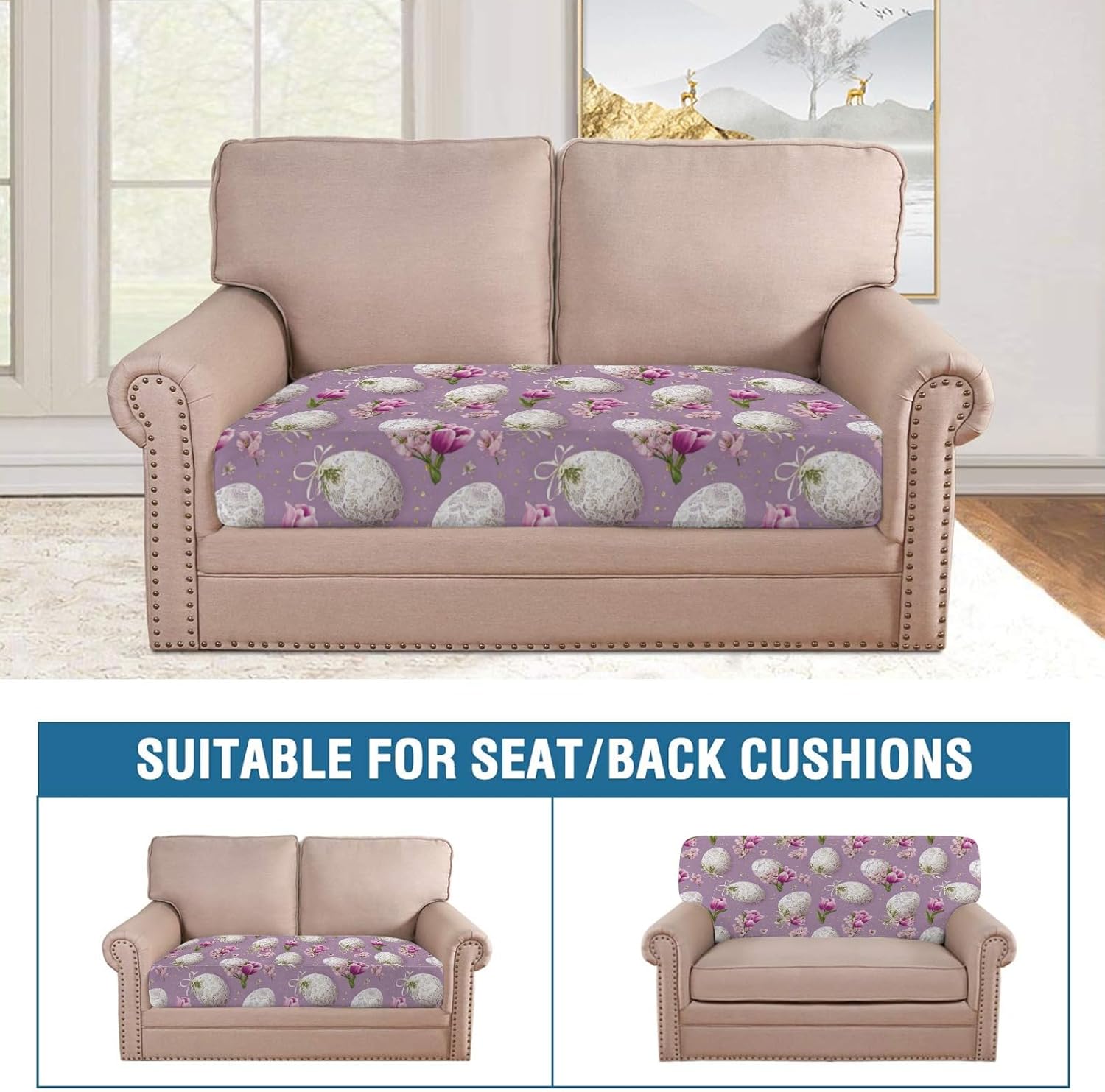 Soft Floral Eggs Heart Loveseat Covers Couch Covers for 2 Cushion Couch, 2-Piece Stretch Sofa Slipcovers Anti-Slip Washable Furniture Protectors for Dogs Pets