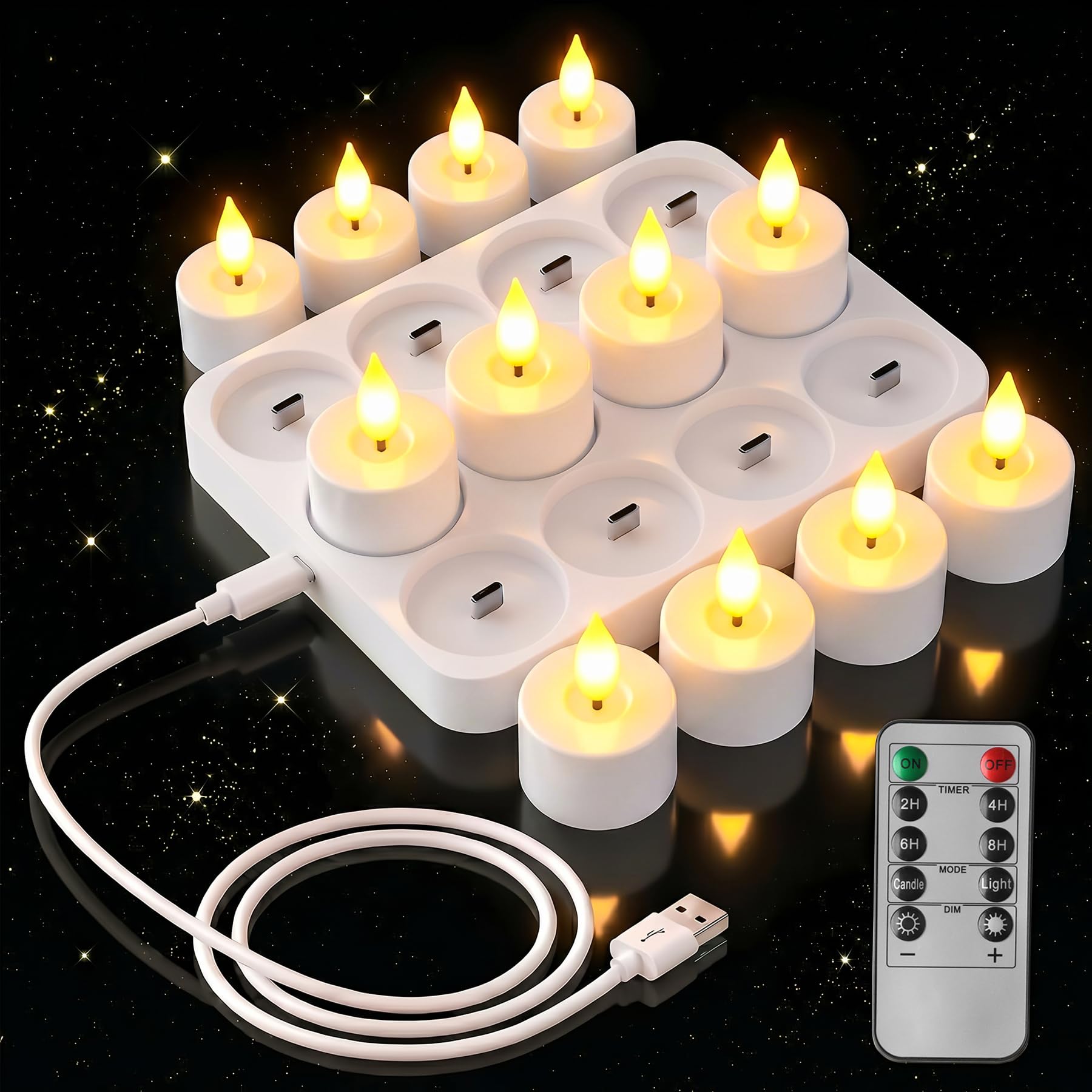 Candeline LED ricaricabili, 12 candele LED effetto fiamma tremolante con telecomando e timer, candele elettriche LED dimmerabili con base di ricarica per feste, ambienti e decorazioni natalizie
