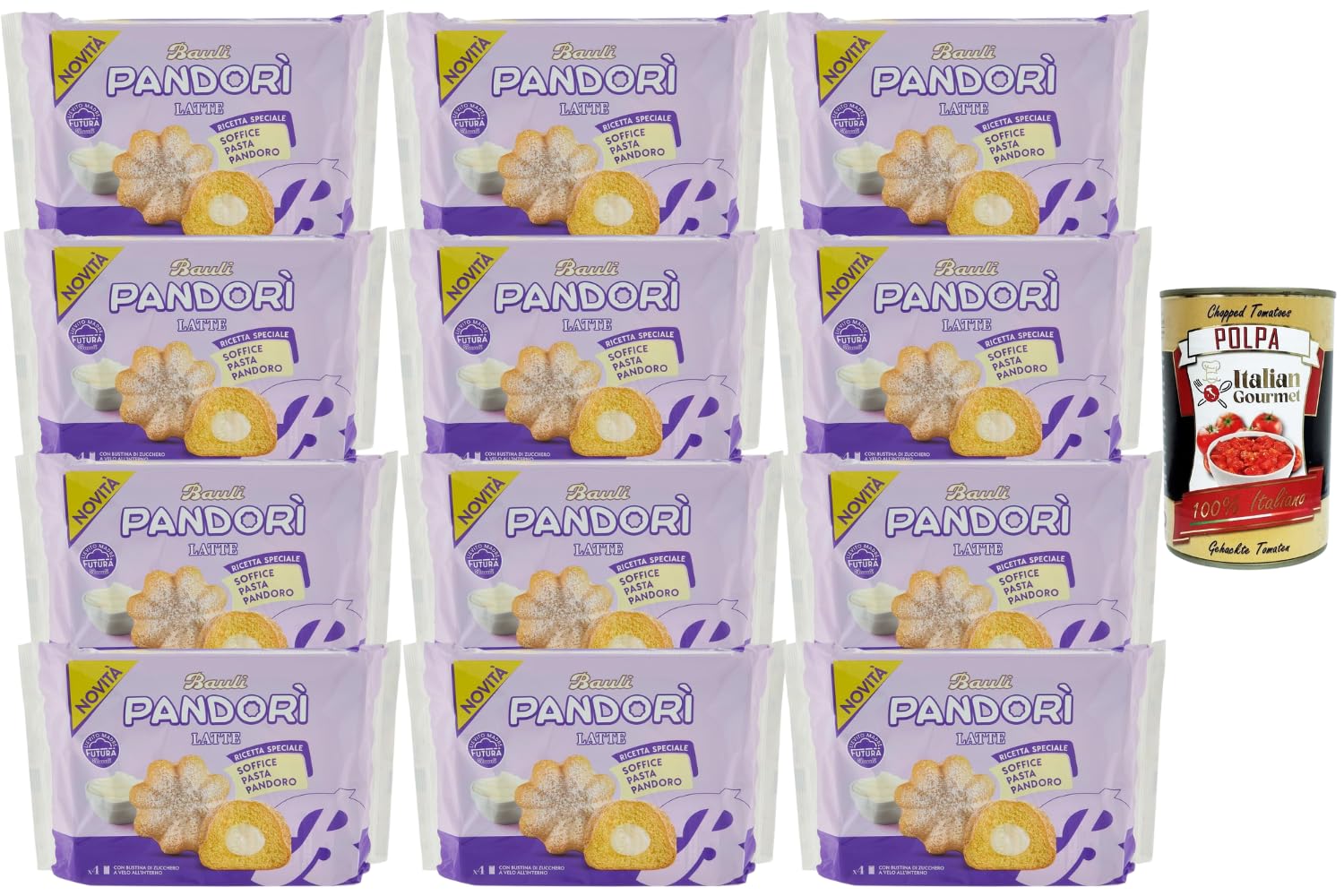Italian Gourmet Bauli Pandorì Latte Mini Pandoro Italien 12 x 178 g (2,136 kg) – Gâteau moelleux recette spéciale, idéal petit-déjeuner & goûter, sachets individuels + Italian Gourmet Polpa