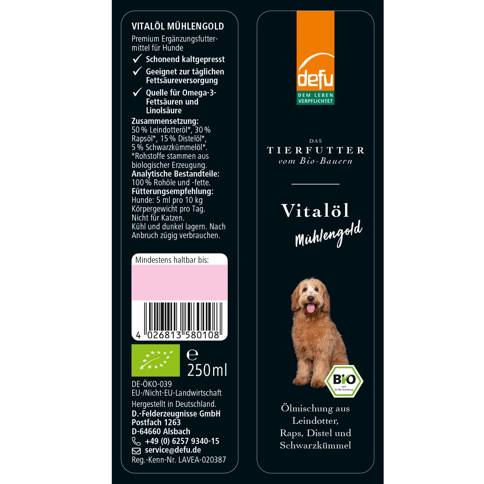 defu Futterzusatz | 6 x 250 ml | Premium Bio Vitalöl *Mühlengold* | Barf Öl | Mit Leindotteröl, Rapsöl, Distelöl und Schwarzkümmelöl, Omega3 und Omega6 Fettsäuren | Für Hunde jeden Alters