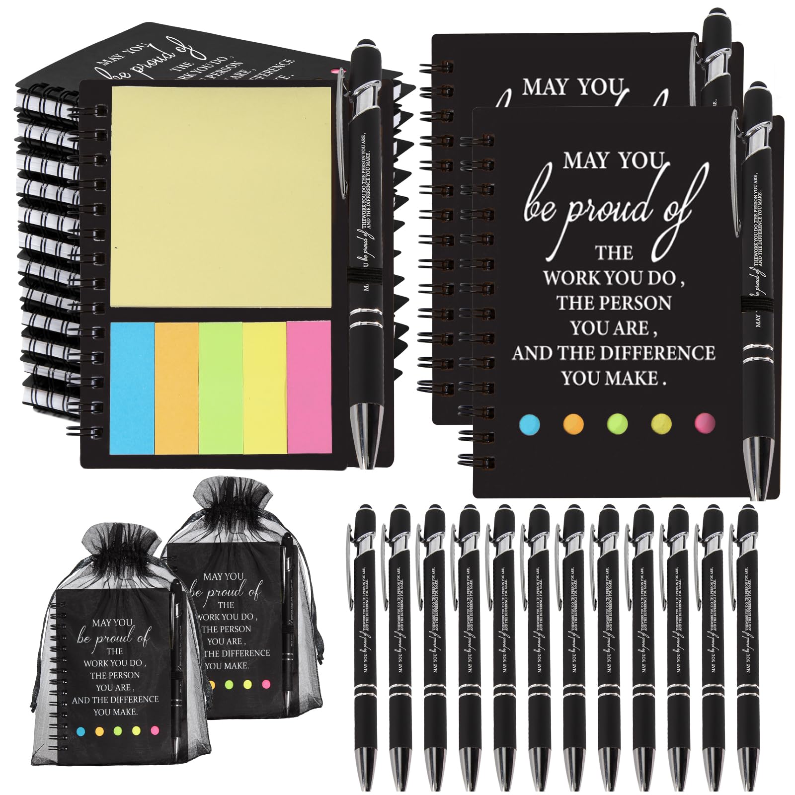 12 Sets Thank You Gifts, Employee Appreciation Gifts, Inspirational Notebooks With Sticky,Inspirational Pens And Gift Bags,Mini Motivational Notebooks for Teacher Student Staff Volunteer Gifts--Black