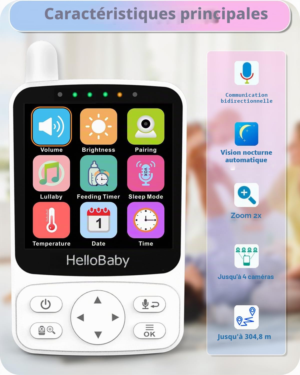 HelloBaby babyphone caméra,29 Heures de Batterie Babyphone Caméra Bébé, 355°/120° Caméra PTZ Longue Portée,Eco,Affichage de l'heure, Conversation Bidirectionnelle, Jusqu'à 1000 Pieds (HB6240)