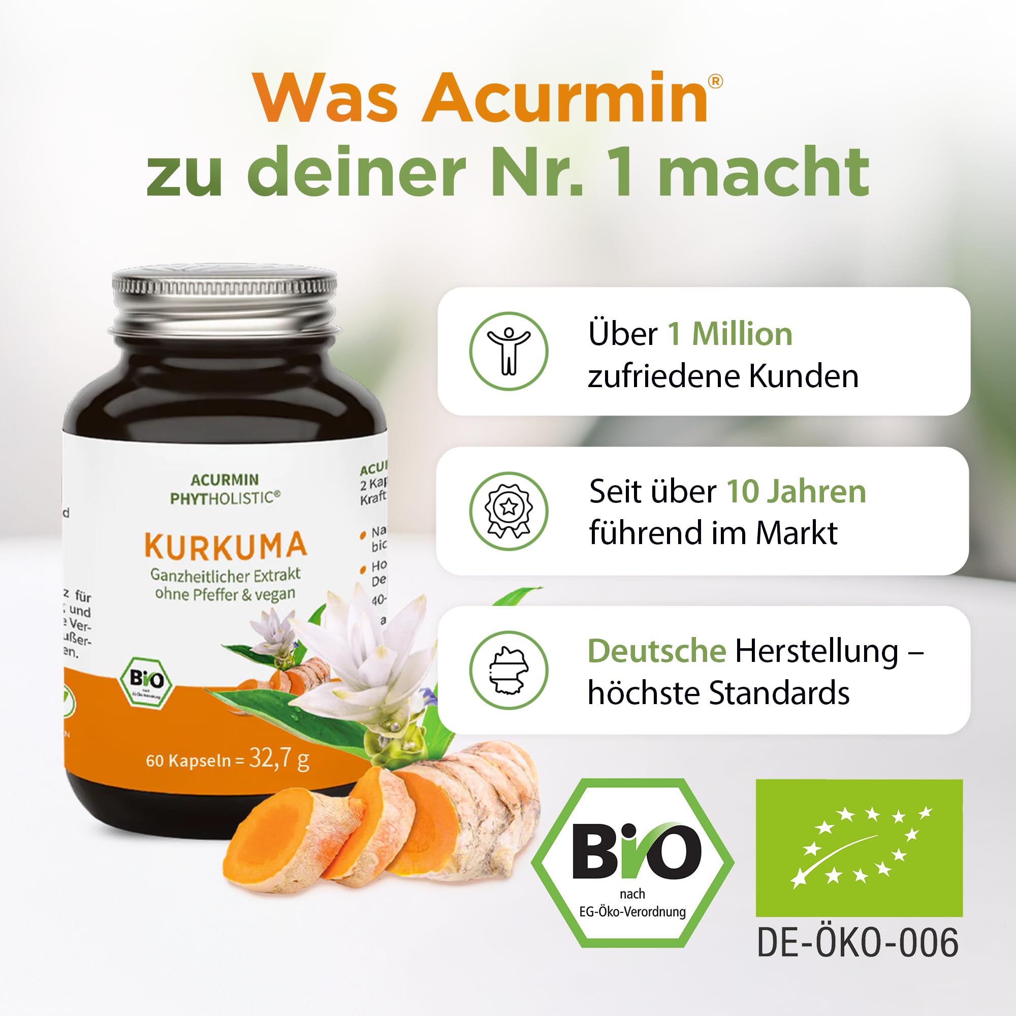 Stärkste Bio Kurkuma Kapseln - 40x effektiver - 15.000mg Kurkuma Pulver/Tag - ohne Pfeffer - höchster Curcumin Gehalt - Curcuma Kapseln hochdosiert, vegan & hochbekömmlich - Acurmin Phytholistic
