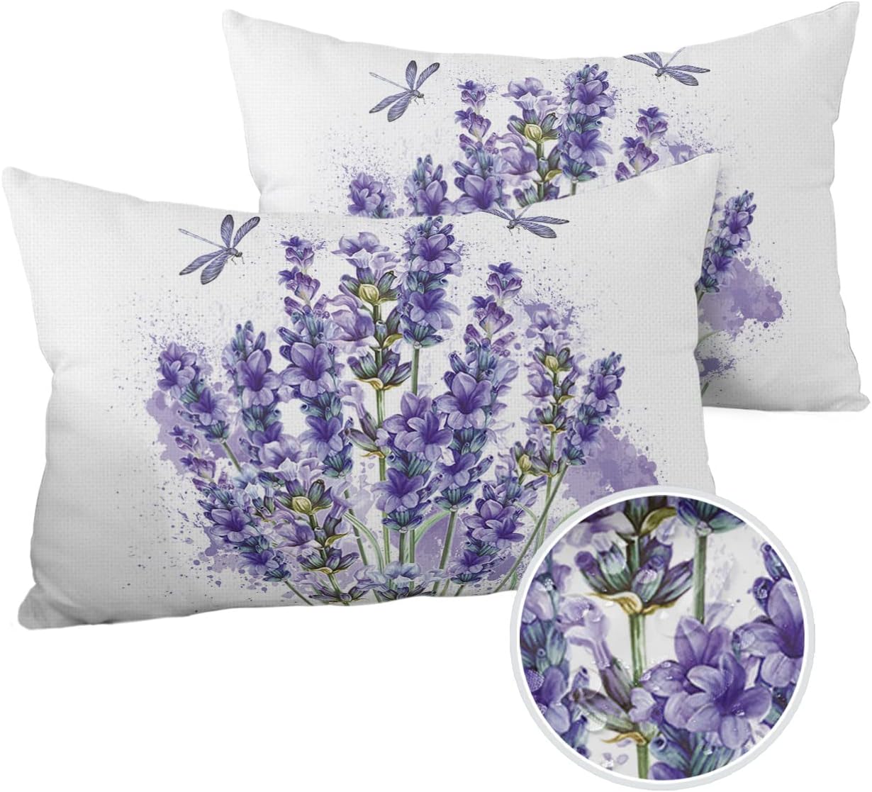 Waterproof Pillow Covers for Outdoor/Indoor,Purple Lavender Dragonfly Holiday Pillow Cases Soft Throw Pillows Pack of 2,Farm Watercolor Plant Blooming Flowers Cushion Cover for Living room/Bed