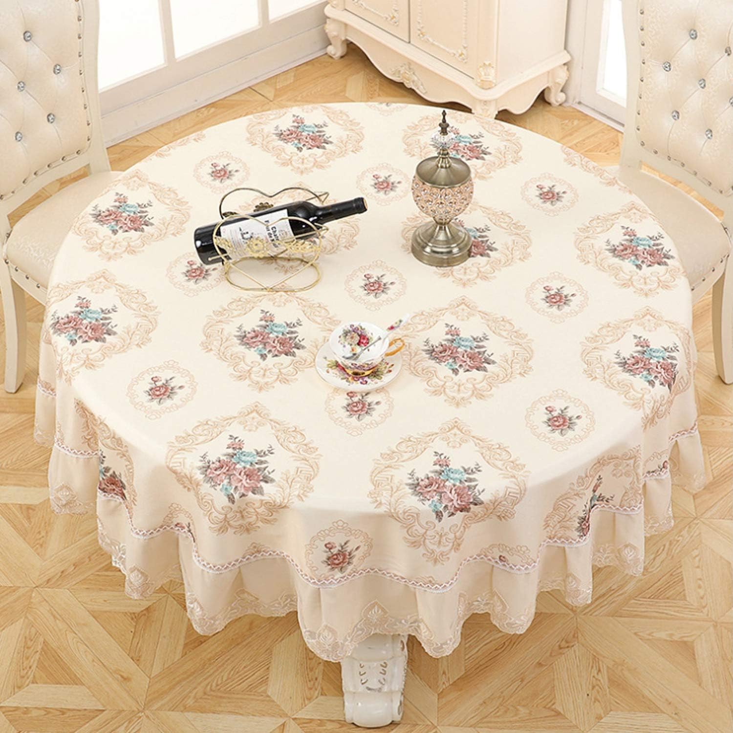 Meiosuns Round Tablecloths,Waterproof Oilproof Hotproof Table Cloth Rustic Style Linen Seamless Table Linen with Lace (Apricot,Diameter 70 inch)