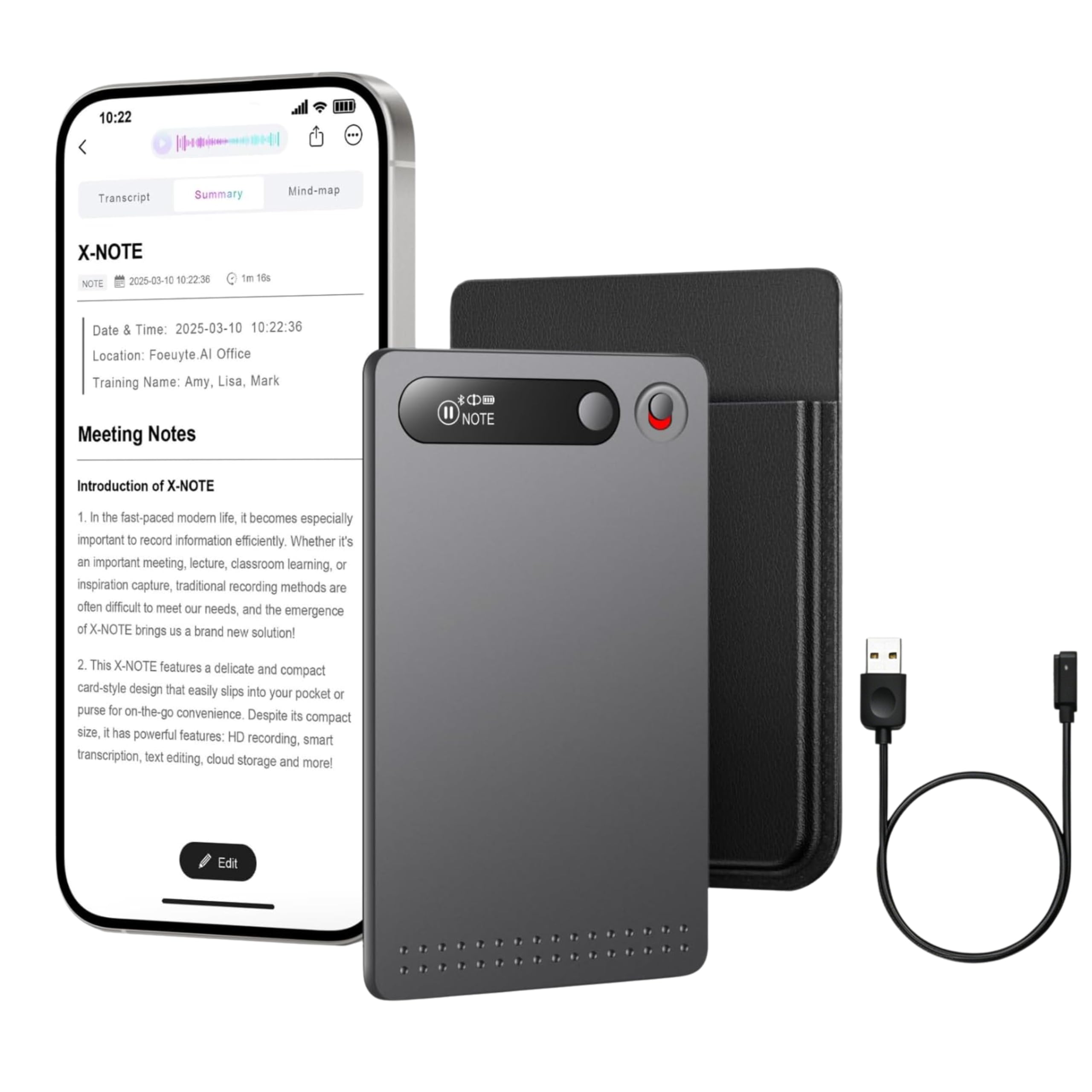 Grabadora de voz AI con funda, 64 GB, grabadora de notas de memoria, compatible con 23 idiomas, control de aplicación, transcripción, resumen, dispositivo de grabación digital para reuniones