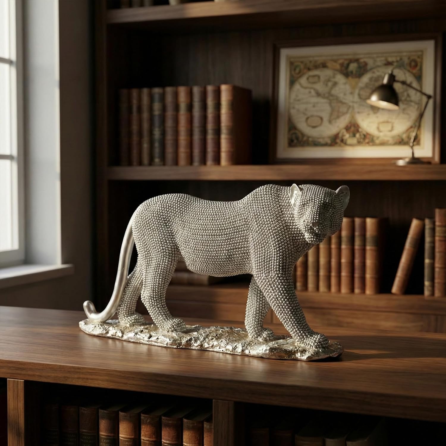 Silver Leopard Statue, 14.17" Beaded-Look Cheetah Sculpture with Non-Slip Pads, Hand-Textured Dot Beads & Spray Painted Finish, Shelf Mantel Console Decor（Silver）