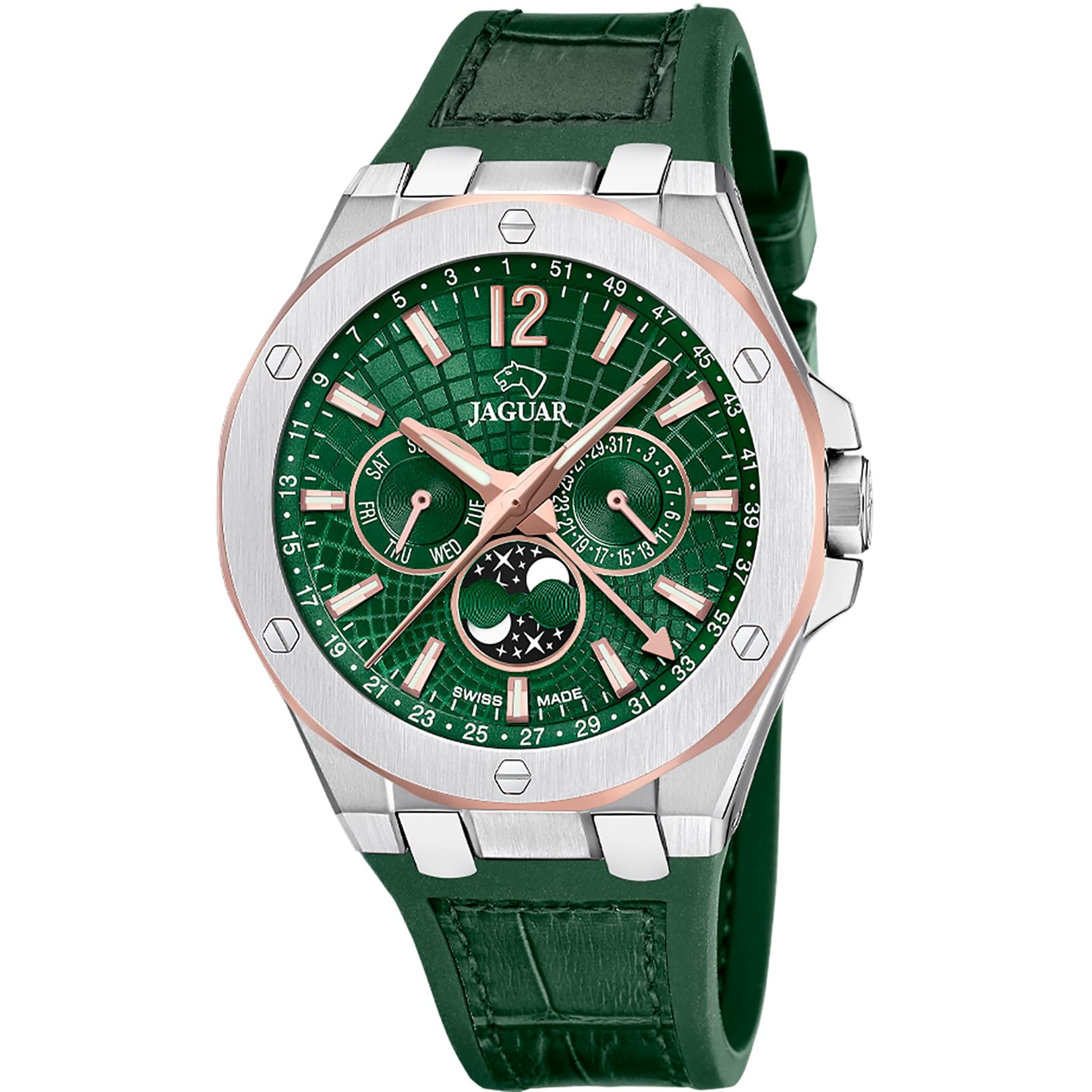 JAGUAR Swiss Made Reloj Analógico Hombre con Fase Lunar de Cuero Verde - Movimiento de Cuarzo - Cristal Zafiro de Alta Resistencia - Resistente al Agua 10 ATM Elegante J1040/​3 Diplomatic