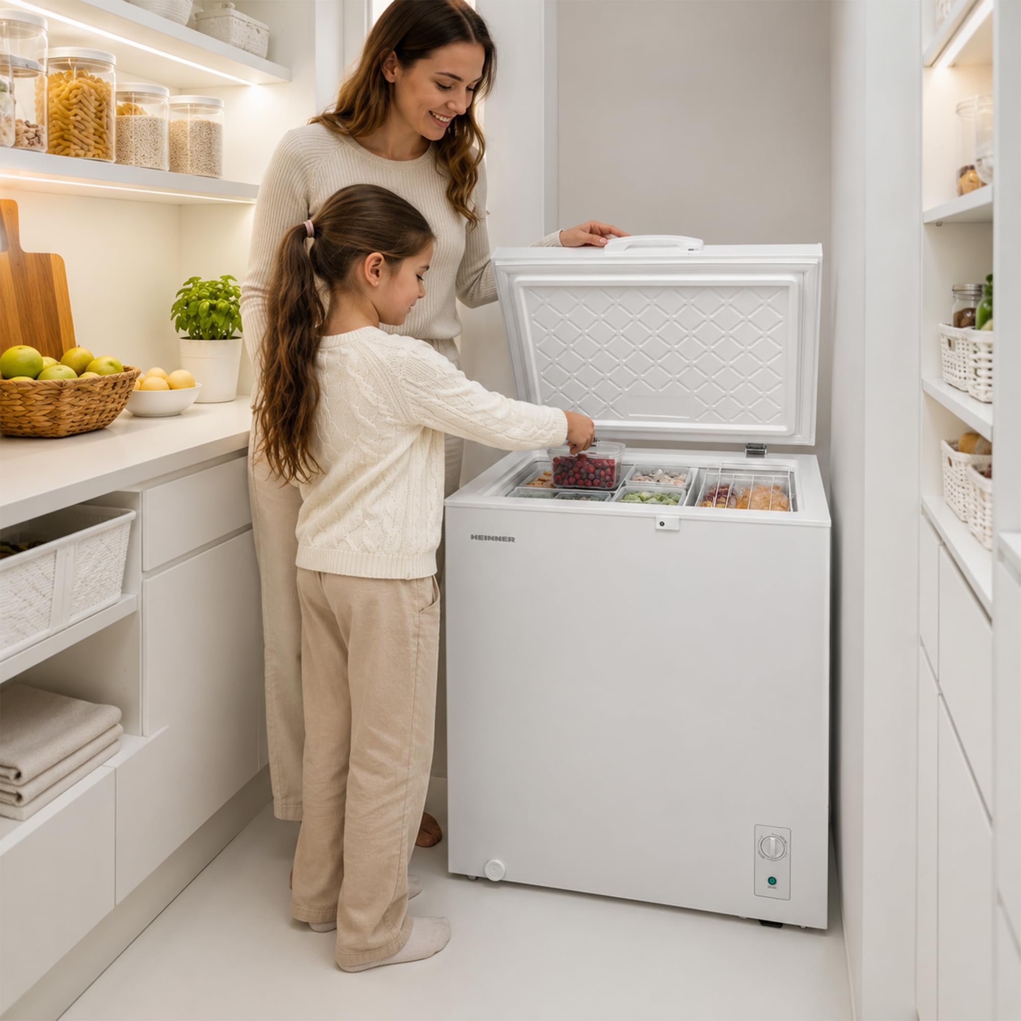 HCF-M198INVCE++ Gefriertruhe/Convertible Chest Freezer – 198 L Fassungsvermögen, Inverter-Kompressor für leisen und effizienten Betrieb, Energieklasse E, modernes Weiß, 5‑Jahres-Garantie
