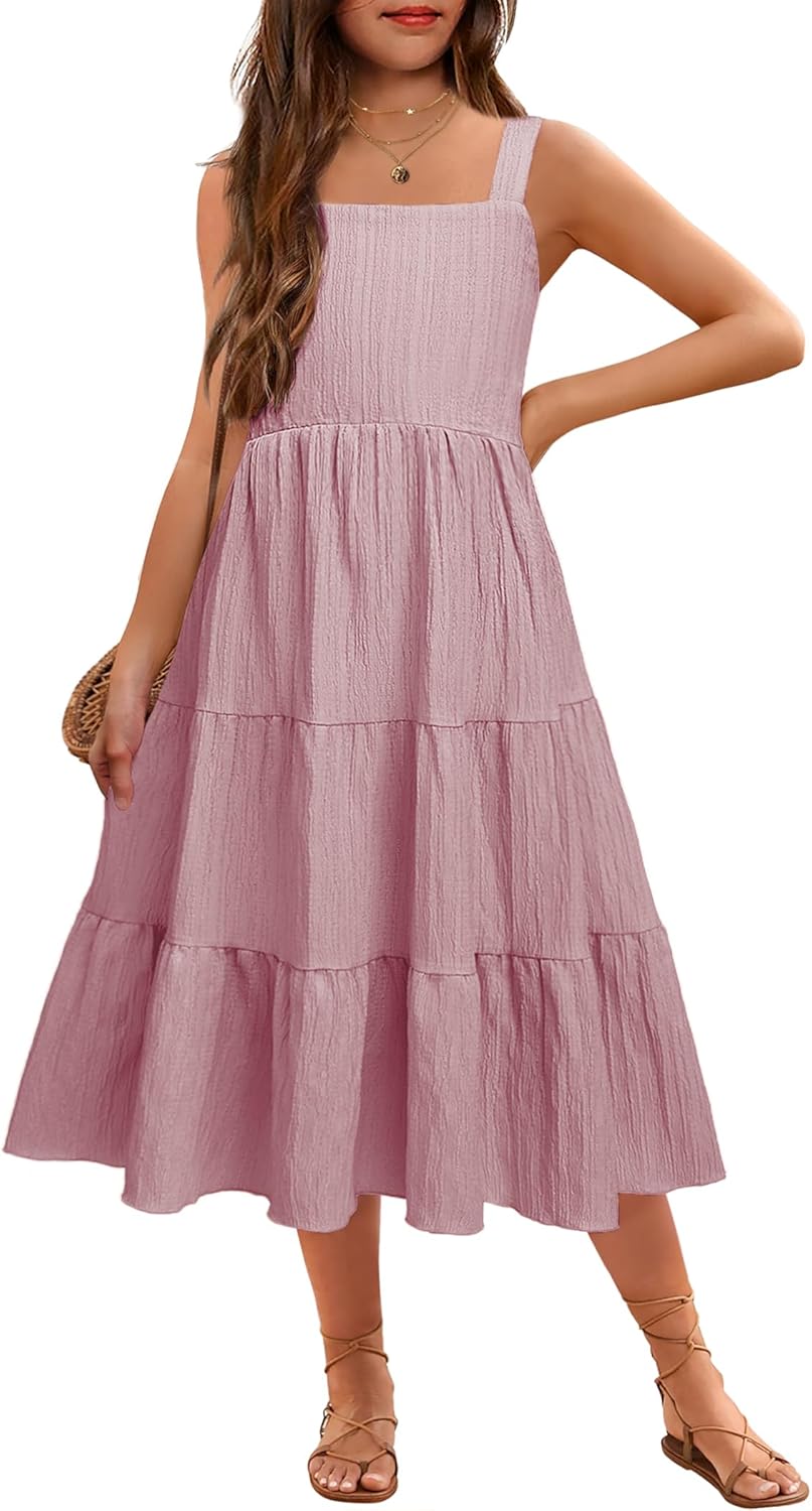 Arshiner Girl's Sundresses Summer Boho Strap Tiered Cami Maxi Dresses with Pockets