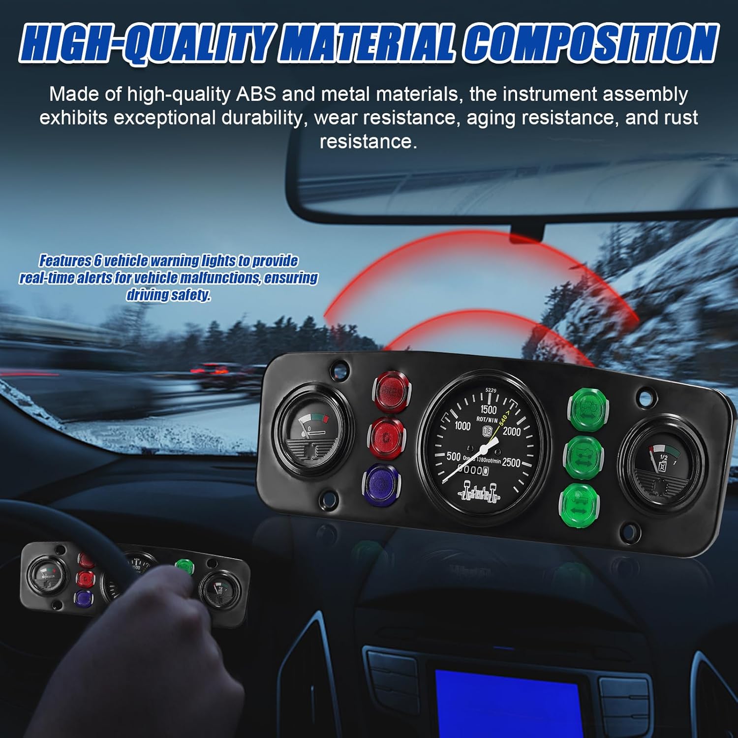 Multi Functional Car Instrument Gauge with Tachometer Fuel and Temperature Monitor - 12V Universal Automotive Assembly Featuring 6 Warning Lights for Real Time Vehicle Status