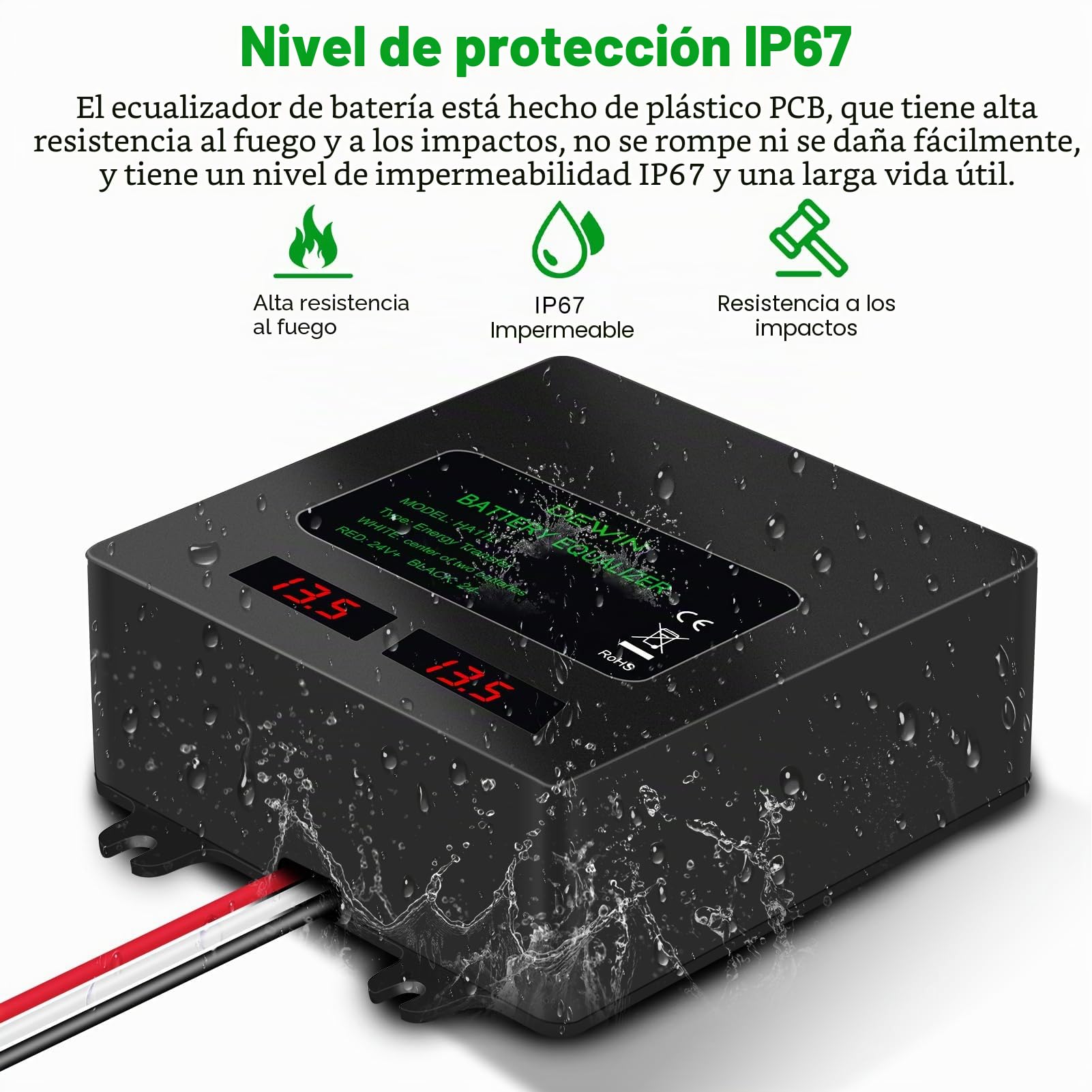 Ecualizador de Batería de 24V Balanceador de Batería de 2x12V, IP67 Ecualizador de Batería para Baterías de plomo-ácido/litio/níquel-hidruro metálico/fosfato de hierro y litio