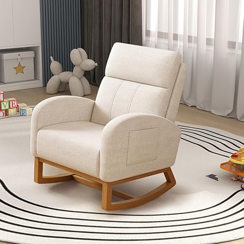 Gaussen Glider Rocking Chair Nursery Comfy Accent Chair with High Backrest Upholstered Living Room Chairs with Side Pocket Armchair Reading Chair for Bedroom Nursery Office, Cream