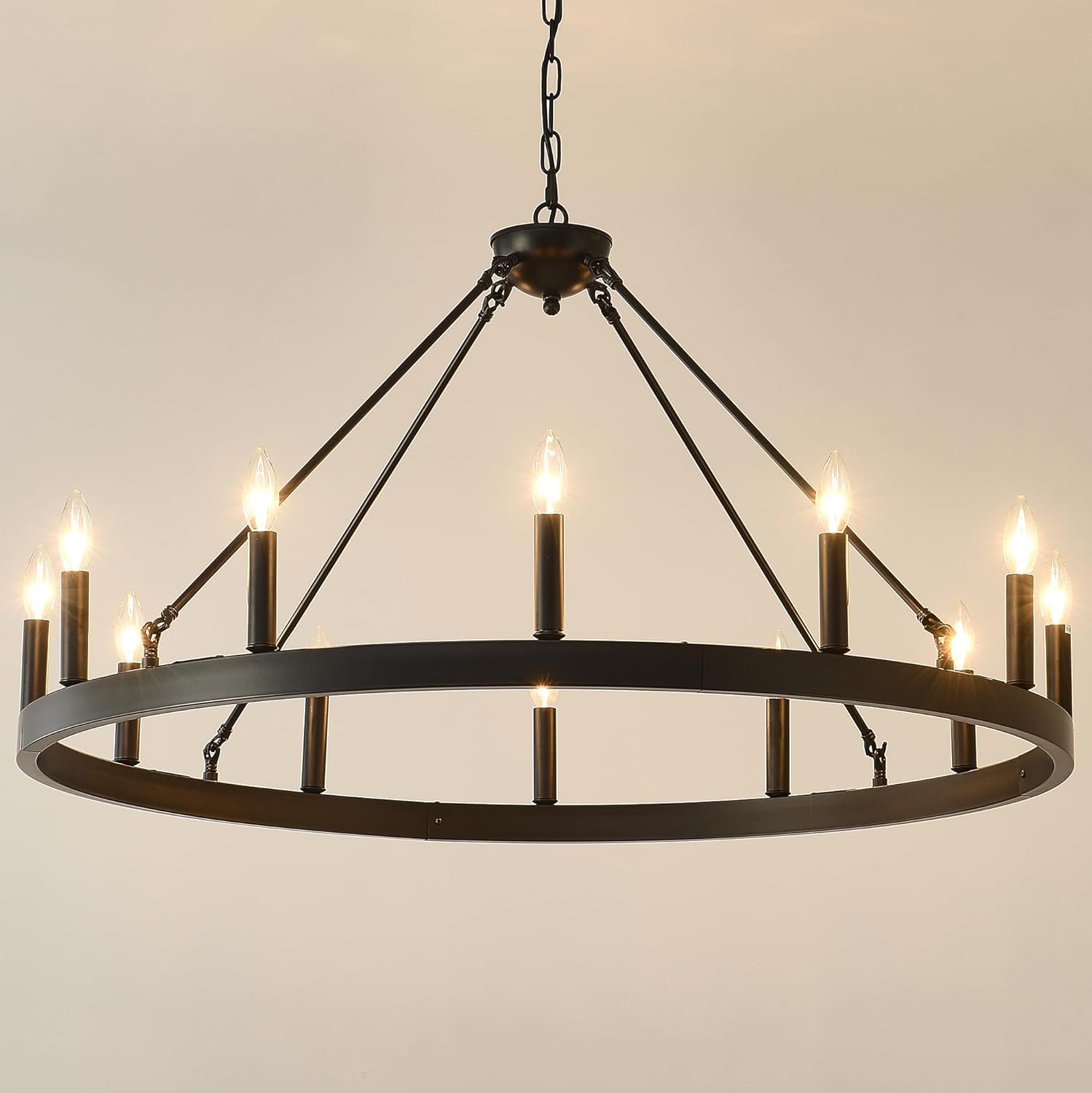 40 Inch Black Wagon Wheel Chandelier, 12-Lights Farmhouse Industrial Round High Ceiling Pendant Light Adjustable Chain for Outdoor Porch,Foyer,Dining Room, Living Room